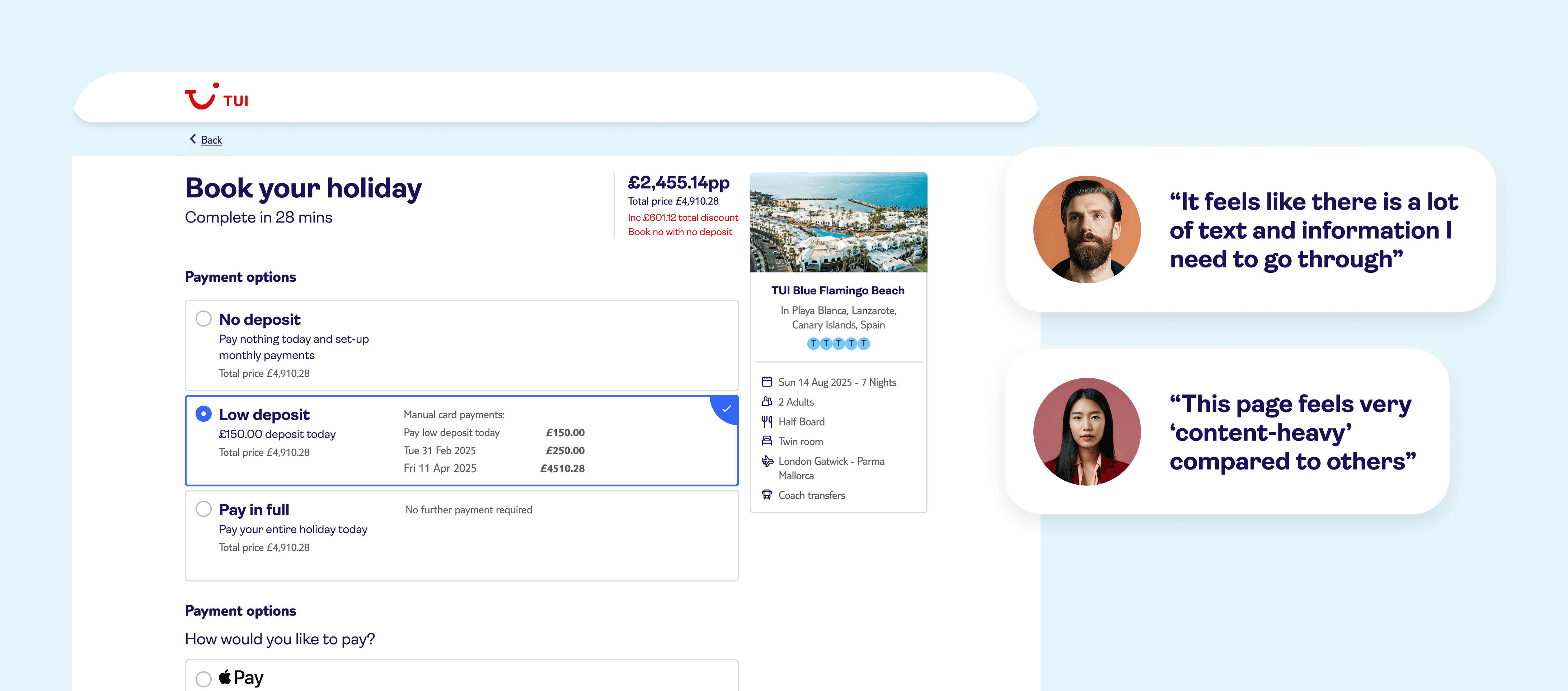 Example of the current payment design on desktop, with 2 quotes from participants in usability testing.