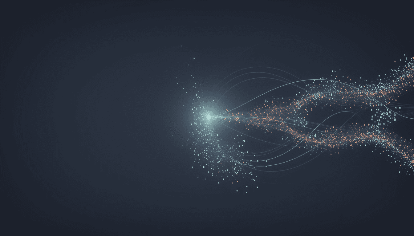 Abstract visualization of website visitor traffic flowing toward a central point then scattering and fading before arriving, representing lost signups