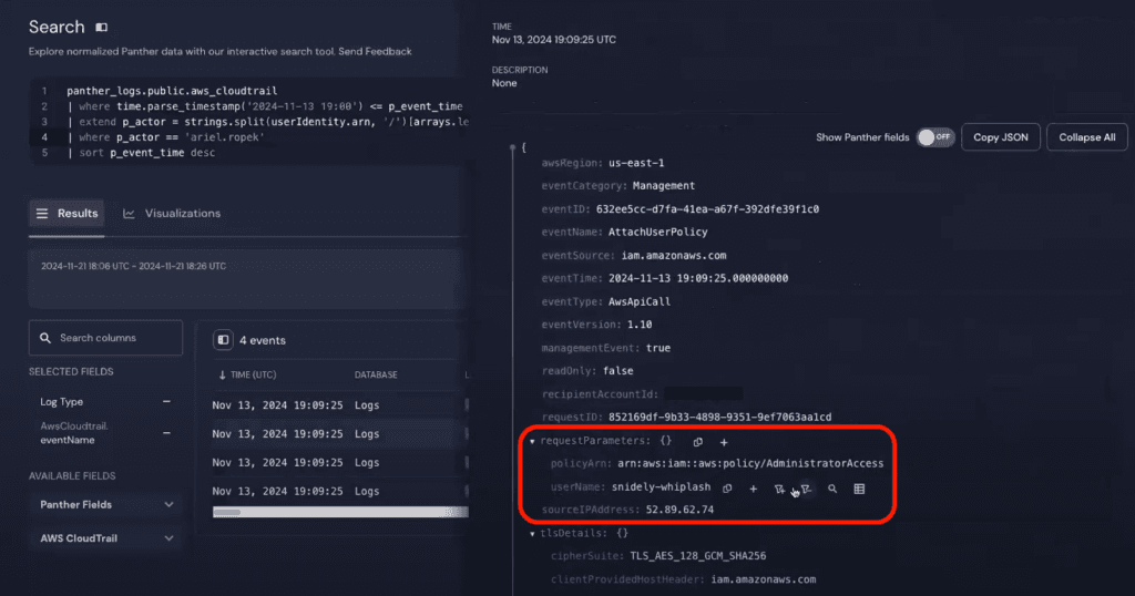 The AttachUserPolicy event shows that the user “snidely-whiplash” has full administrator access in the AWS account.