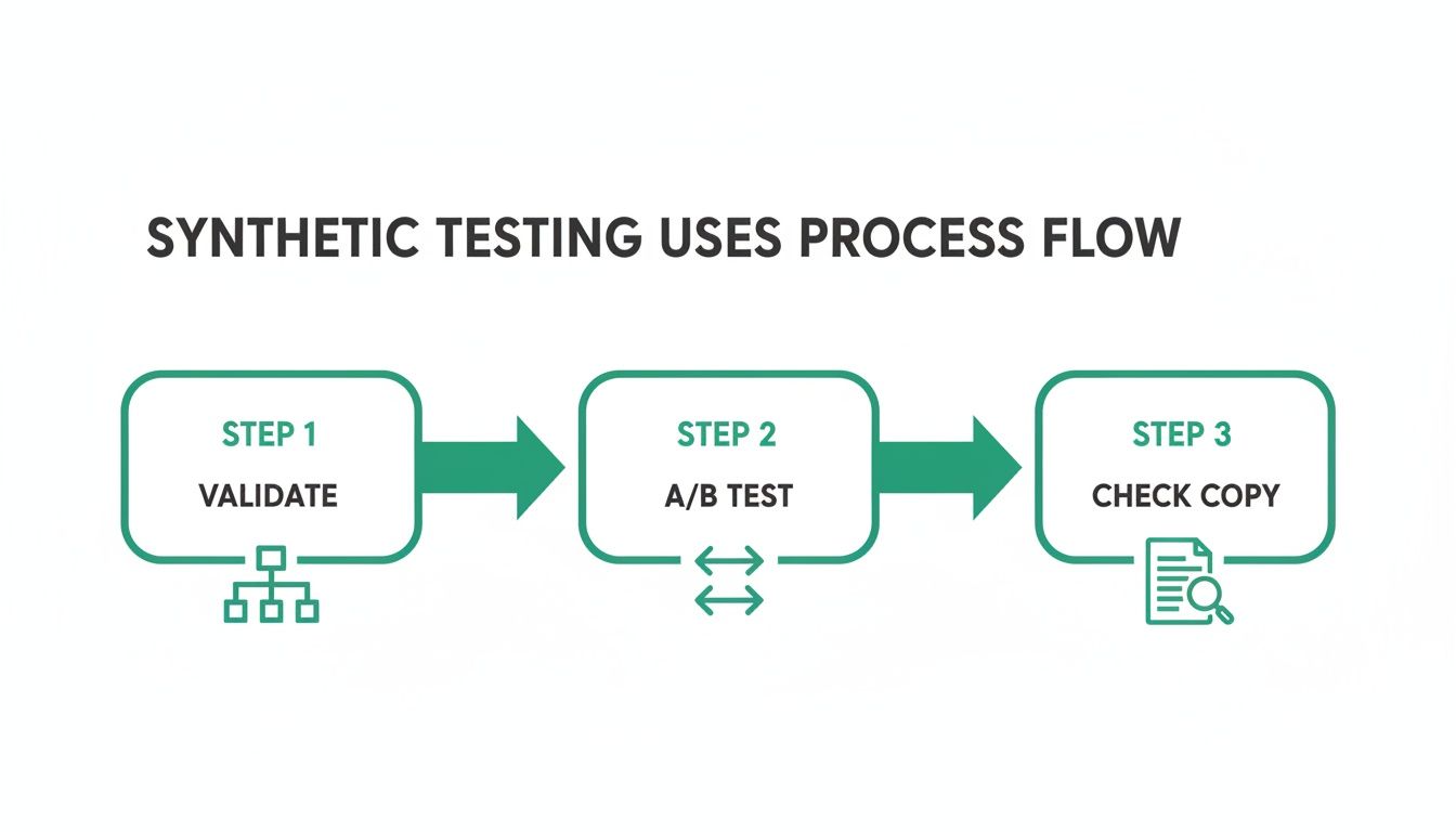 A process flow diagram showing three steps for synthetic testing: validate, A/B test, and check copy.