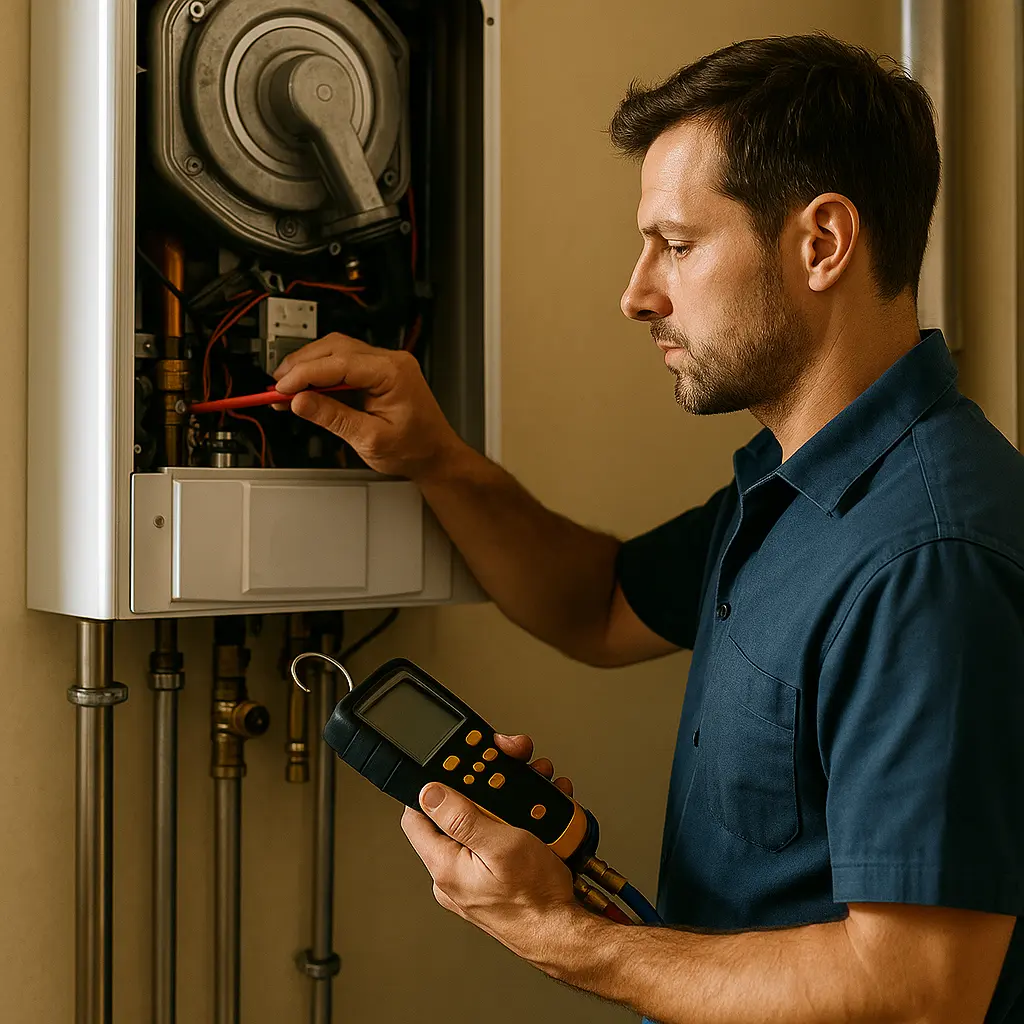 Technician inspecting a boiler with diagnostic tools, emphasizing boiler repair and maintenance services for efficient home heating.