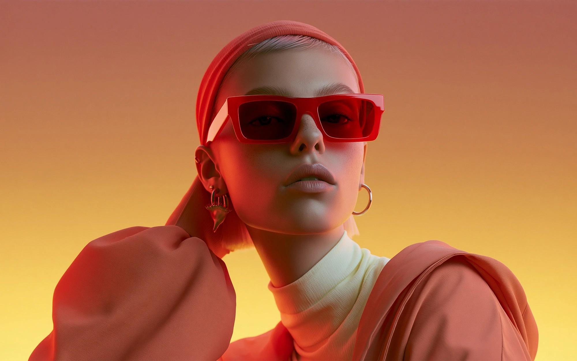 Stylish girl wearing red sunglasses, a matching headscarf, and hoop earrings against a warm orange gradient sky.