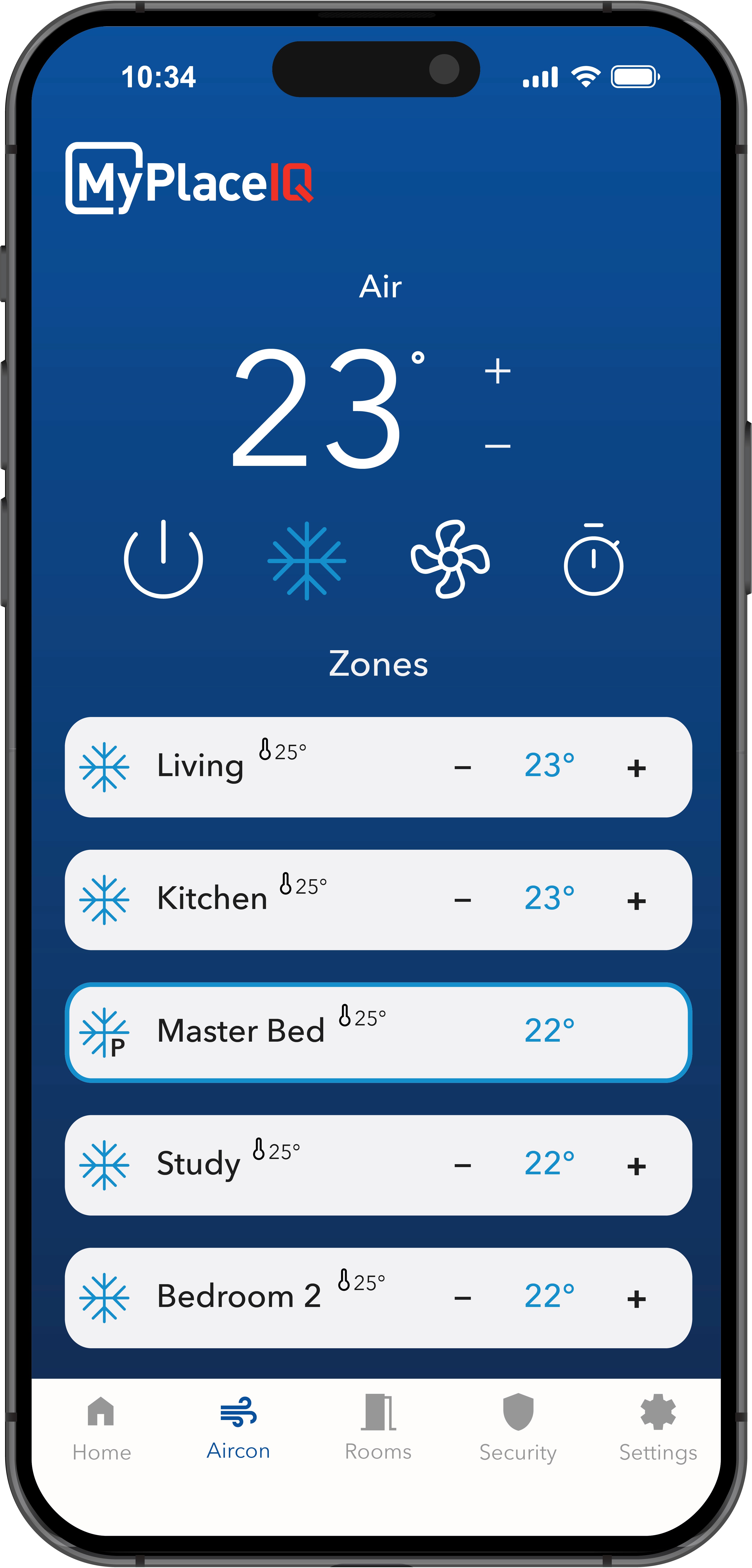 MyPlaceIQ app on a smartphone controlling ducted air conditioning zones and room temperatures from one central smart home interface.