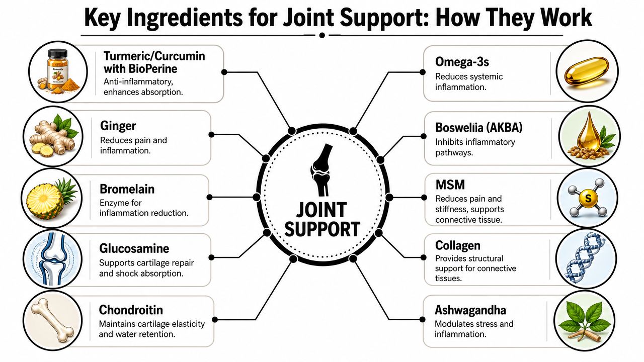 A diagram illustrating various natural ingredients that provide joint support and their specific health benefits.