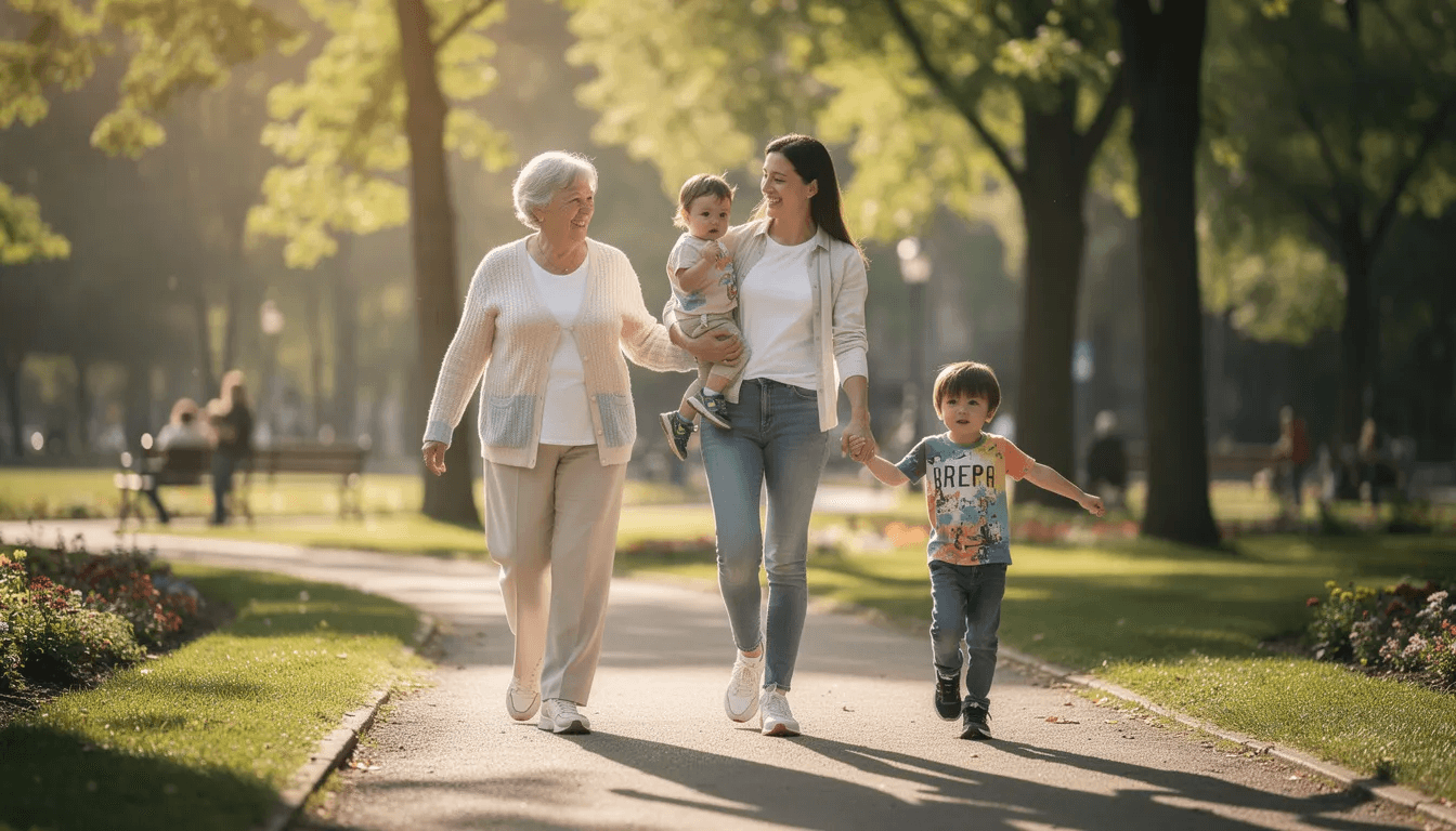 The image depicts three generations of a family—grandparents, parents, and children—walking together in a lush park, enjoying their time and creating lasting memories. This scene captures the essence of family legacy and the importance of planning for a secure financial future through strategies like retirement planning and business succession planning.