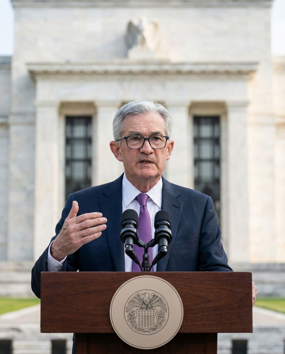 Jerome Powell at a press conference with the Federal Reserve emblem in the background.