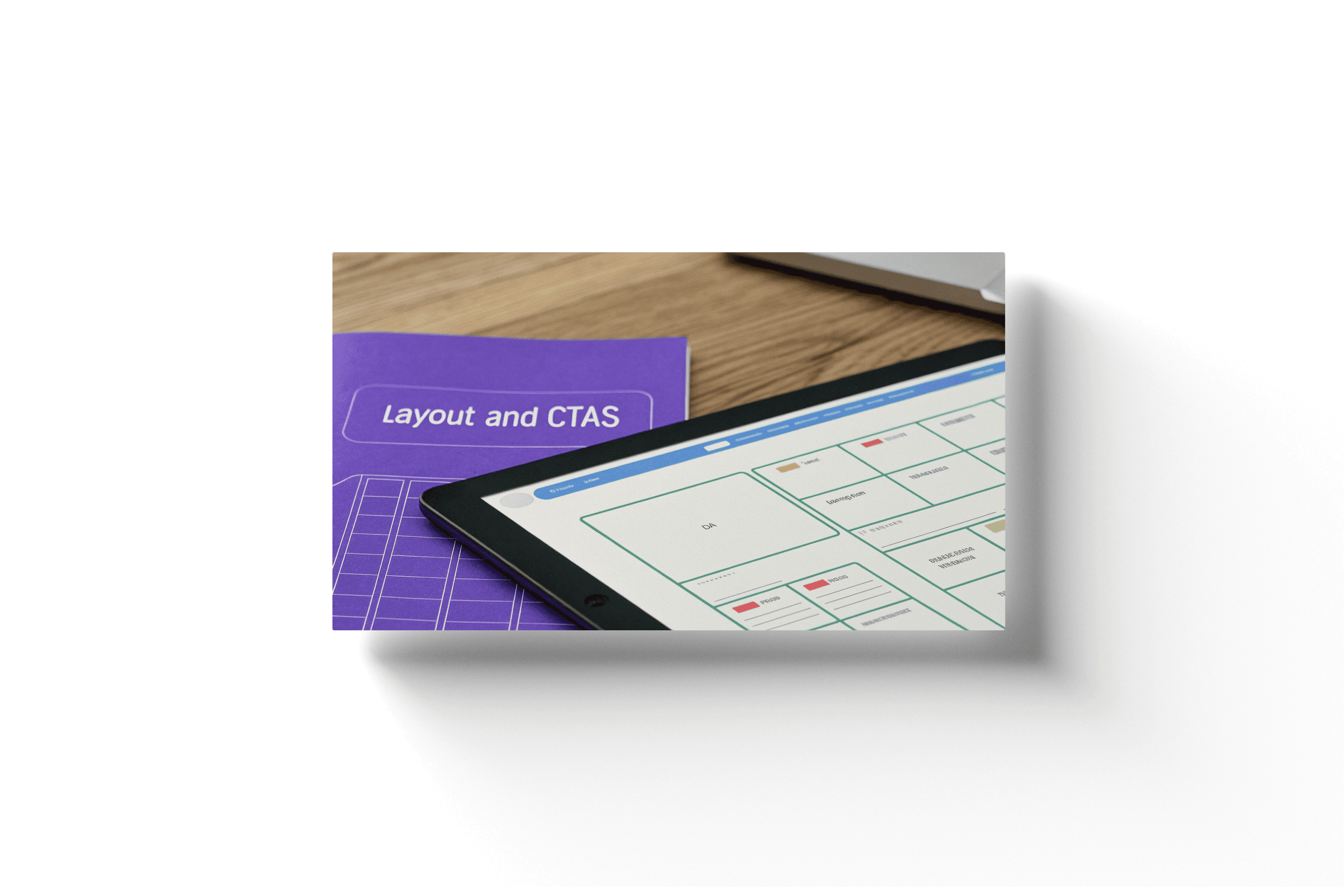 a purple document and tablet with the text 'layout and ctas'