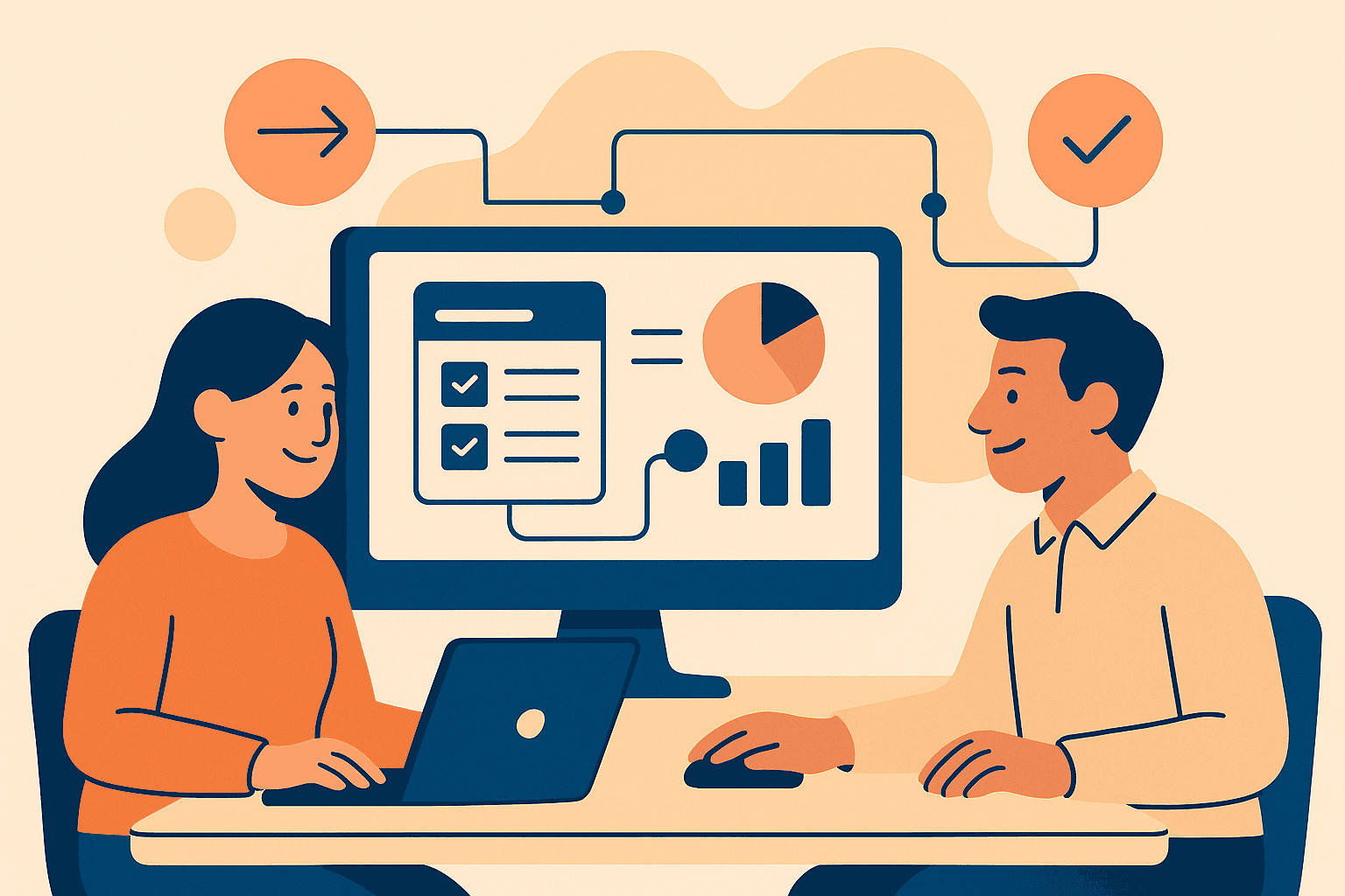 Two nonprofit staff review a newly streamlined Salesforce dashboard with connected data icons and charts in a warm, minimalist setting.