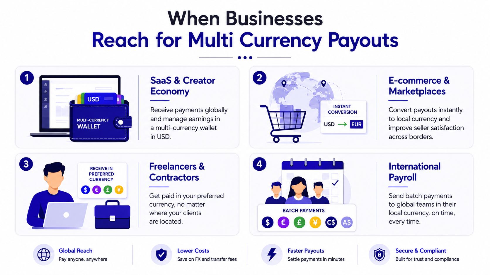 An infographic showing four use cases for businesses to utilize multi currency payout solutions globally.