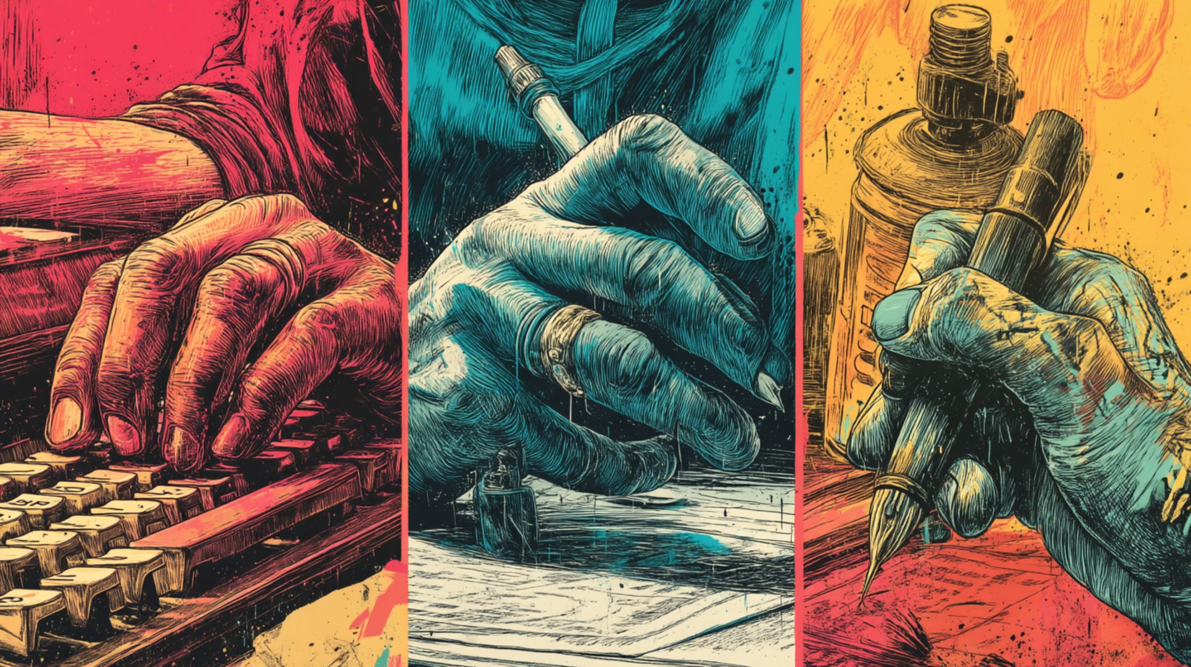 Three mediums in motion — a typewriter, a pen, and a spray can — each hand’s rhythm revealing a different kind of honesty.