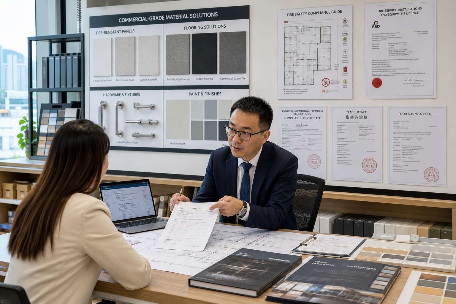 商務人士阻截倒下木塊，寓意企業風險管理與商業保險保障，背景有財務報表及錢罌。