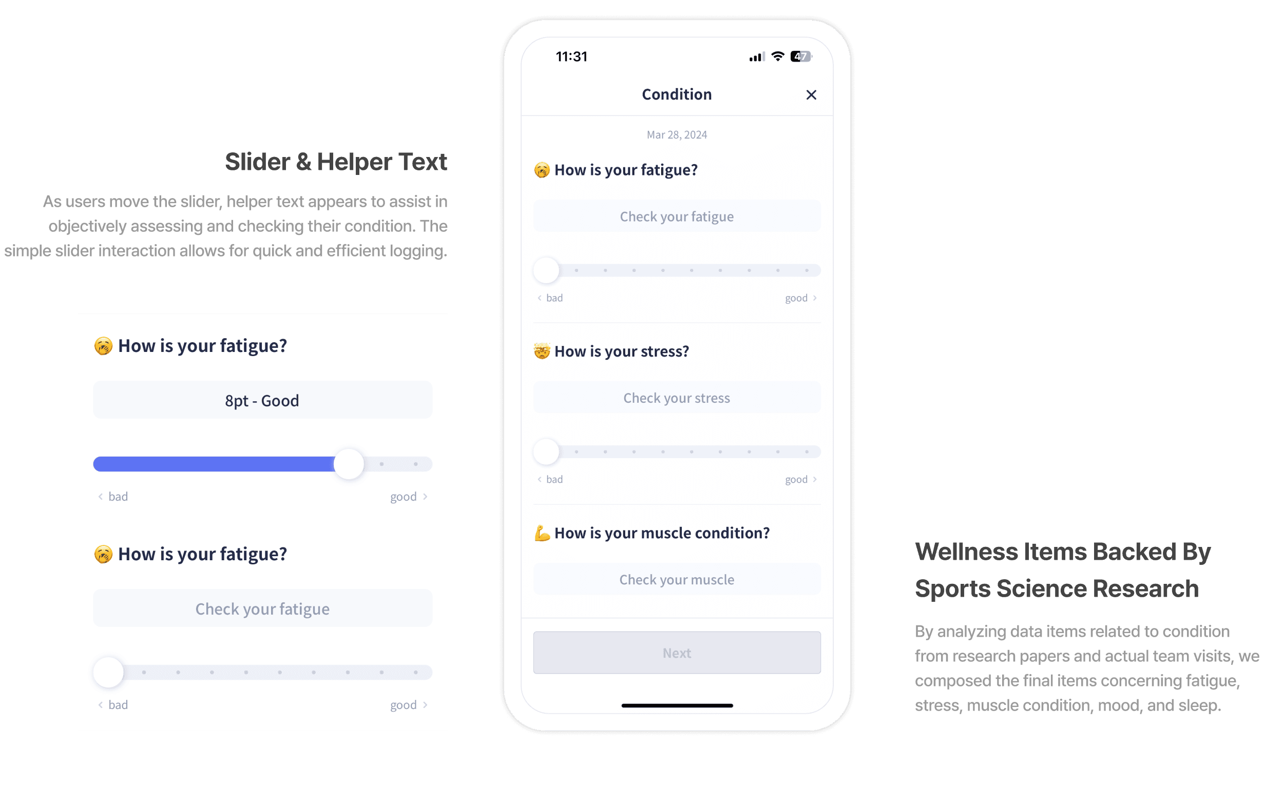 Efficient and accurate condition logging — slider, helper text, wellness items