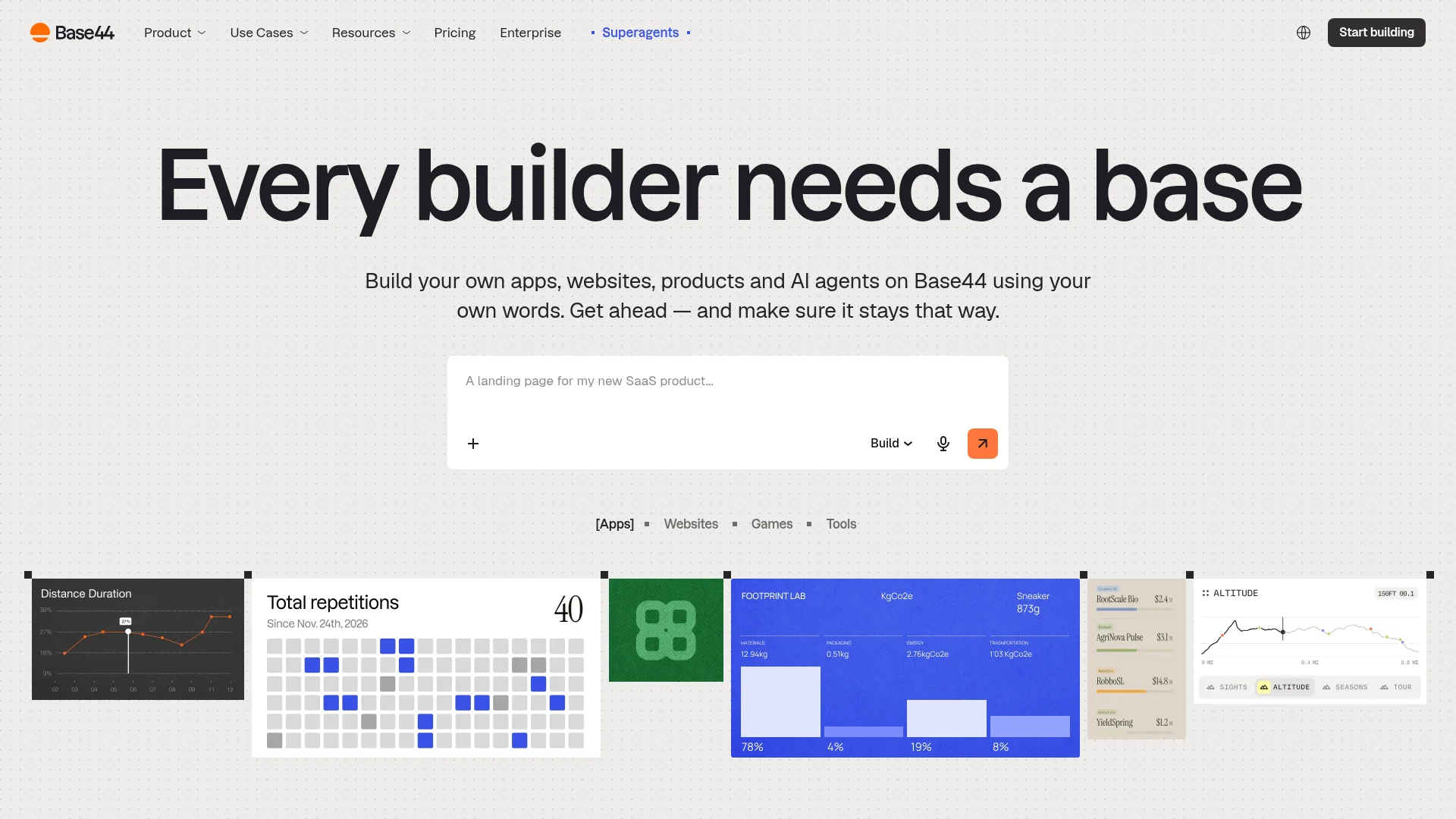 Base44 homepage, the Wix-owned AI web app builder
