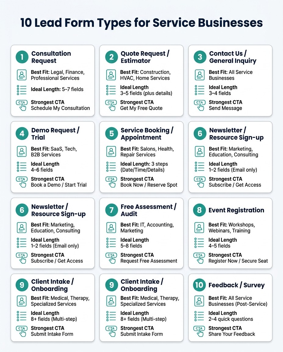 10 Lead Form Types for Service Businesses: Quick Comparison Guide