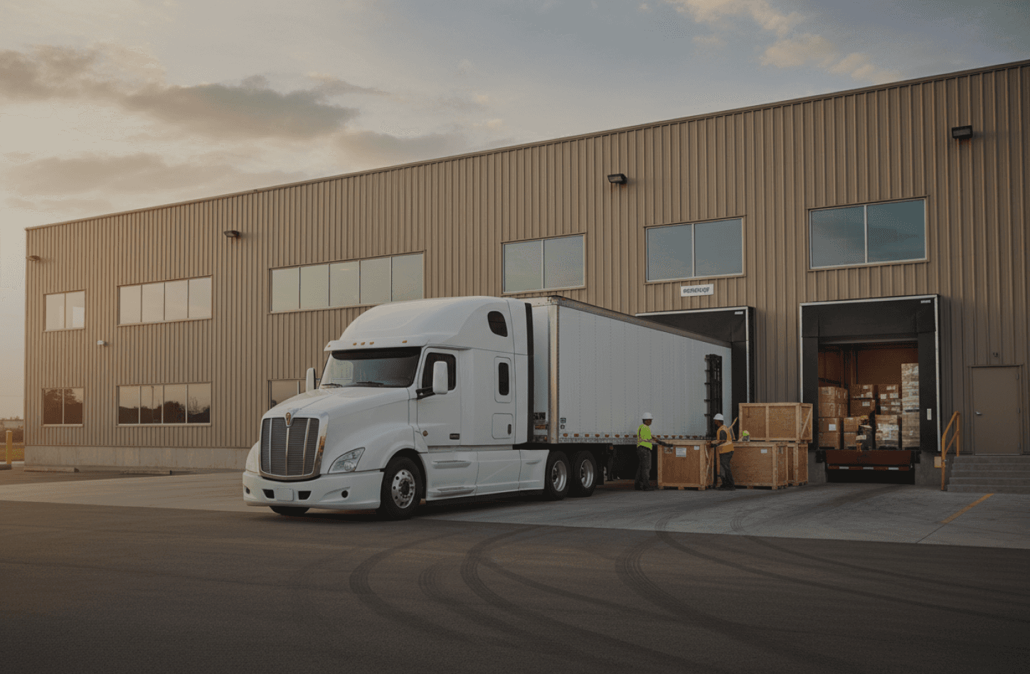 A white truck is parked at a loading dock of a warehouse during sunset. Boxes are being unloaded nearby.