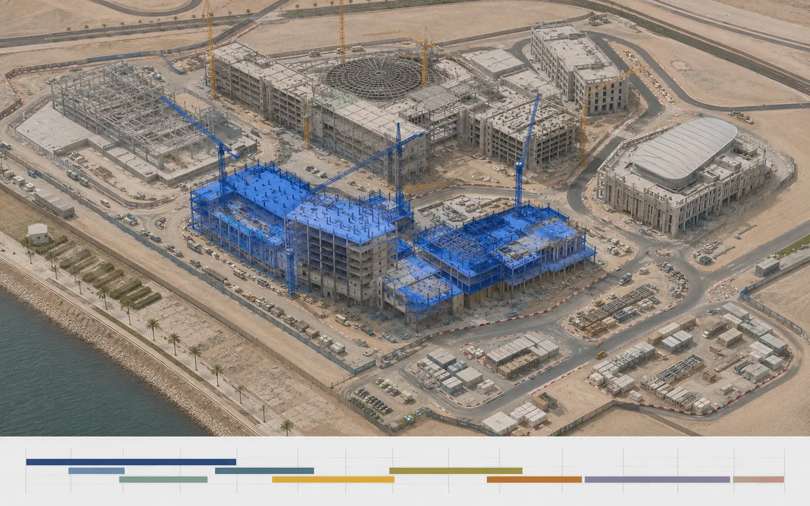 4D construction simulation showing programme stages and active work zones