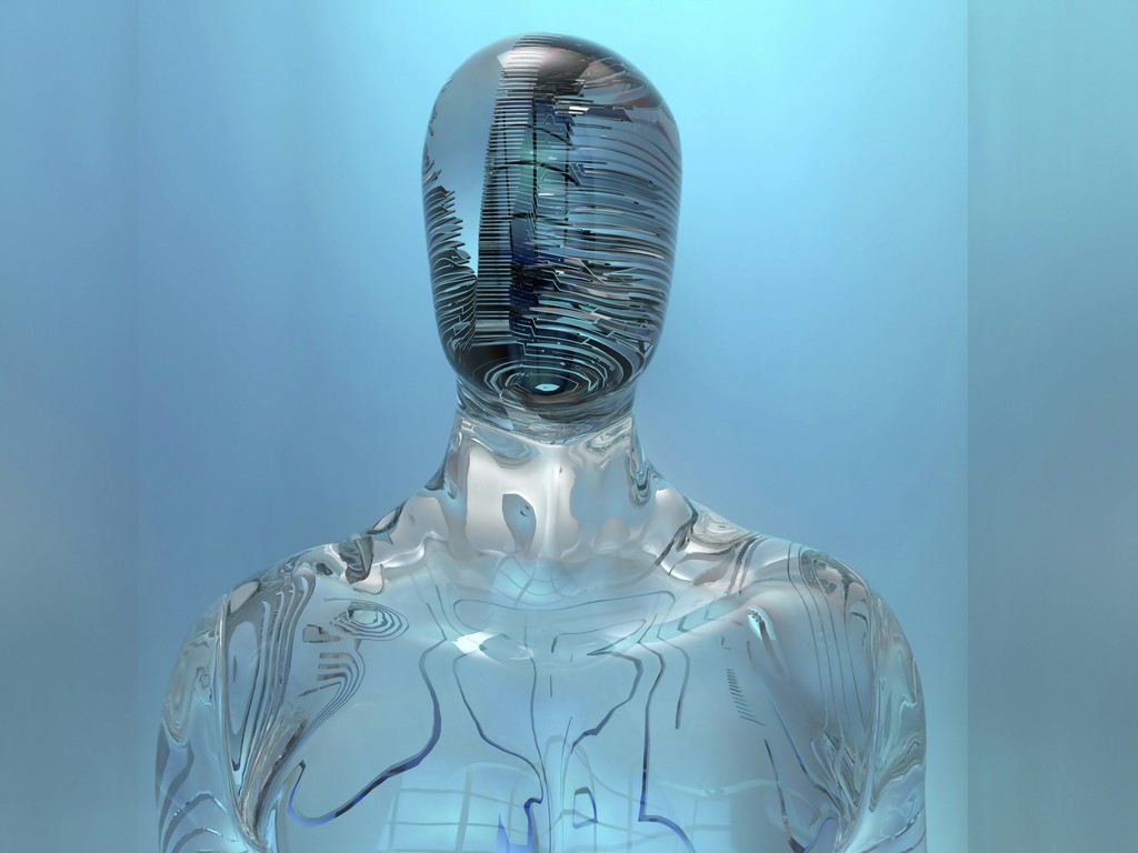 A futuristic, transparent humanoid figure with intricate, swirling patterns stands against a gradient blue background, symbolizing advanced technology and artificial intelligence.