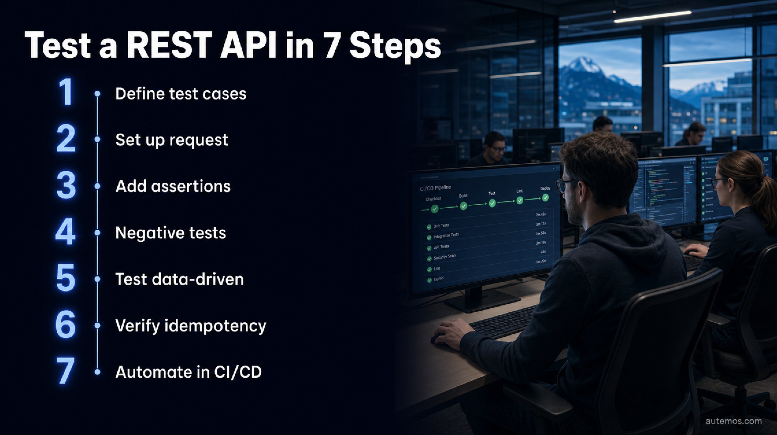 Seven-step workflow for testing a REST API from defining test cases to CI/CD automation.