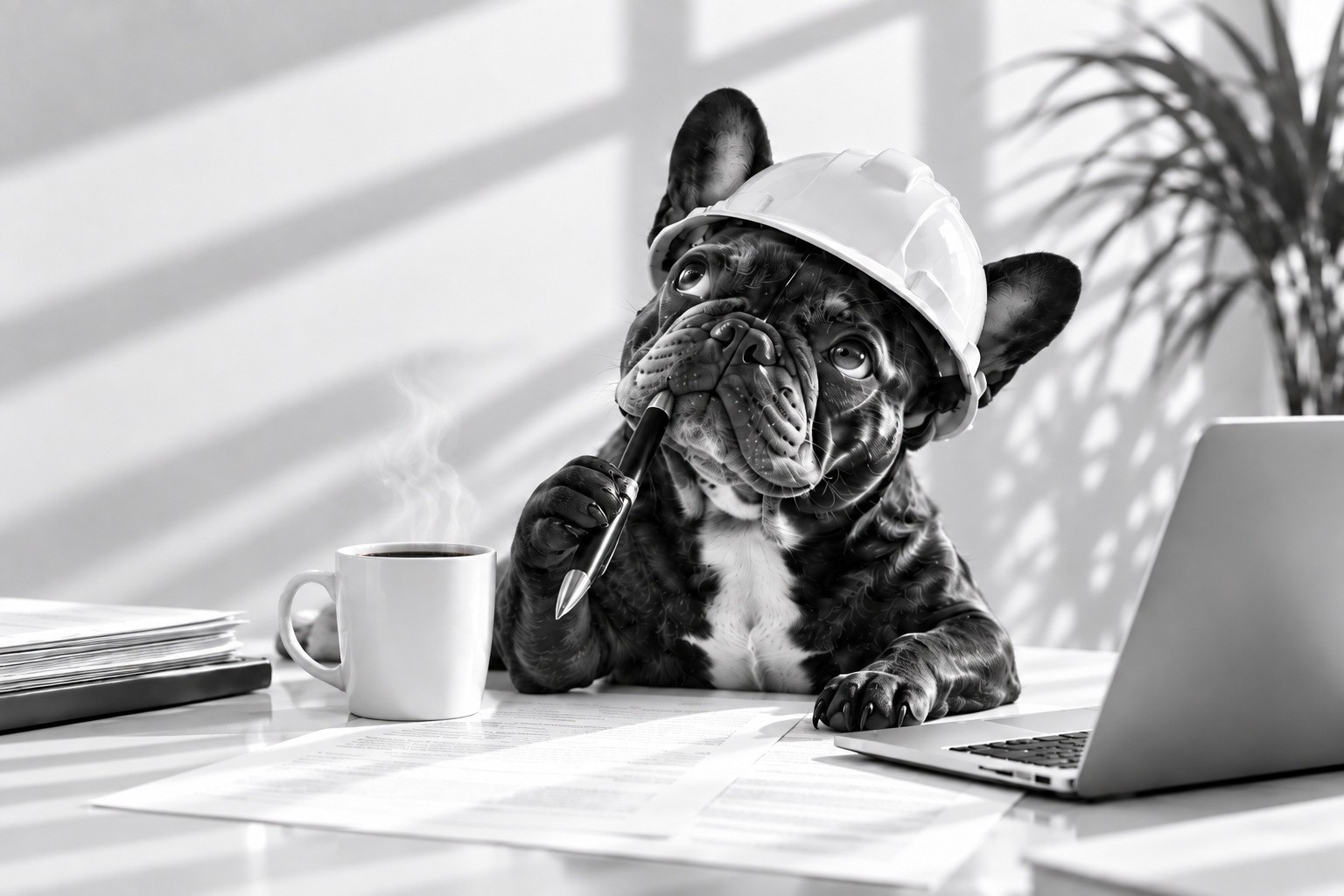 Französische Bulldogge mit Bauhelm und Stift am Schreibtisch mit Kaffee und Laptop (KI-generiert)