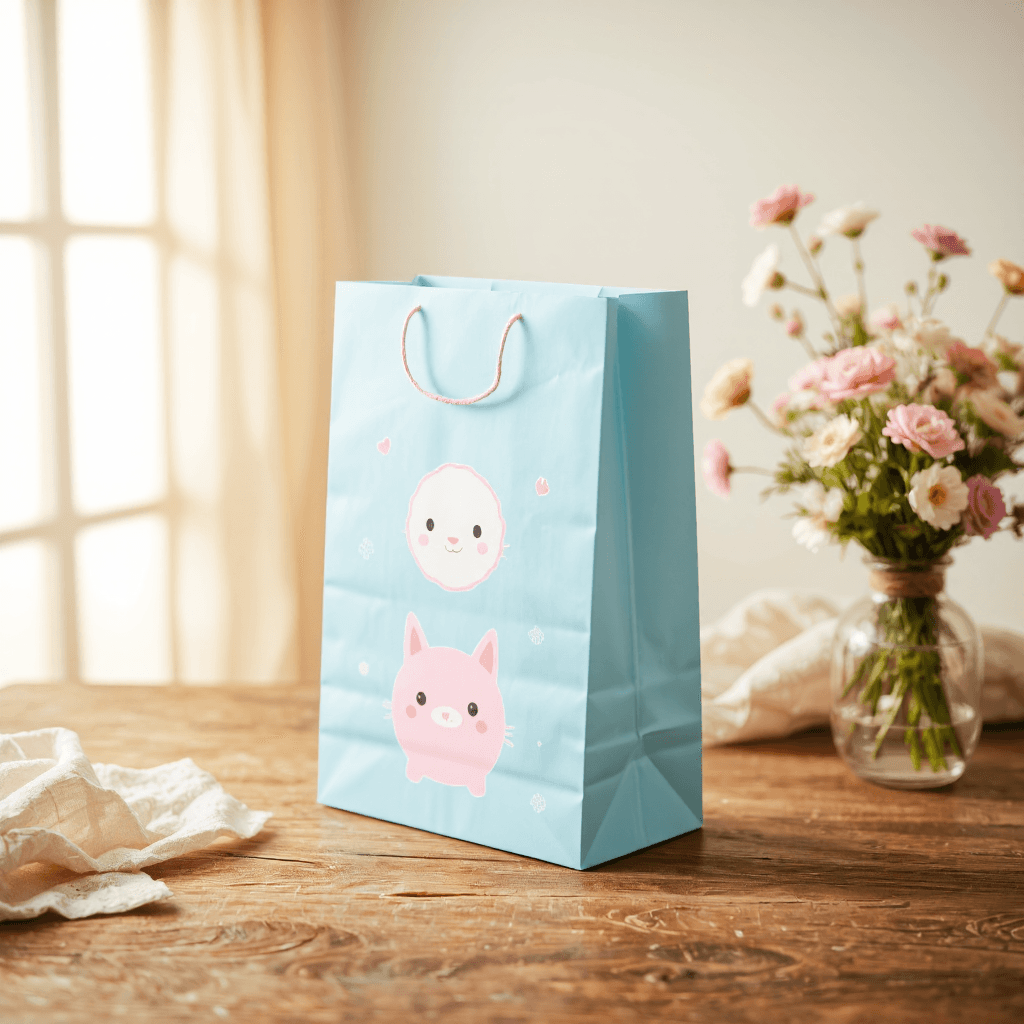 product photography of a decorative paper bag featuring a cute character design, suitable for gifting or carrying items