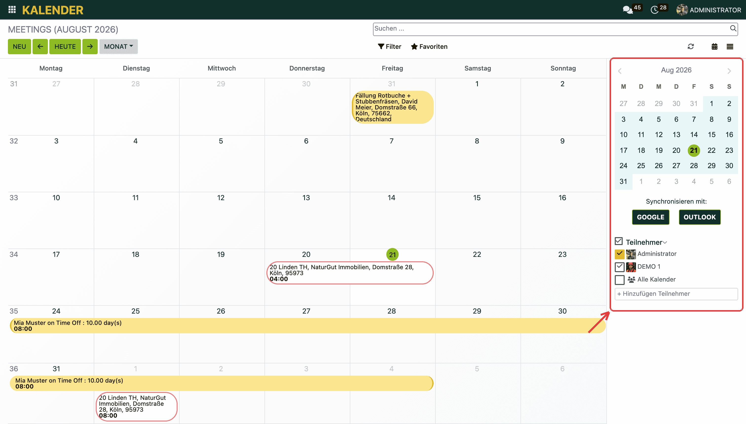 Unter „Teilnehmer“ steht, wessen Kalender gerade eingeblendet ist.