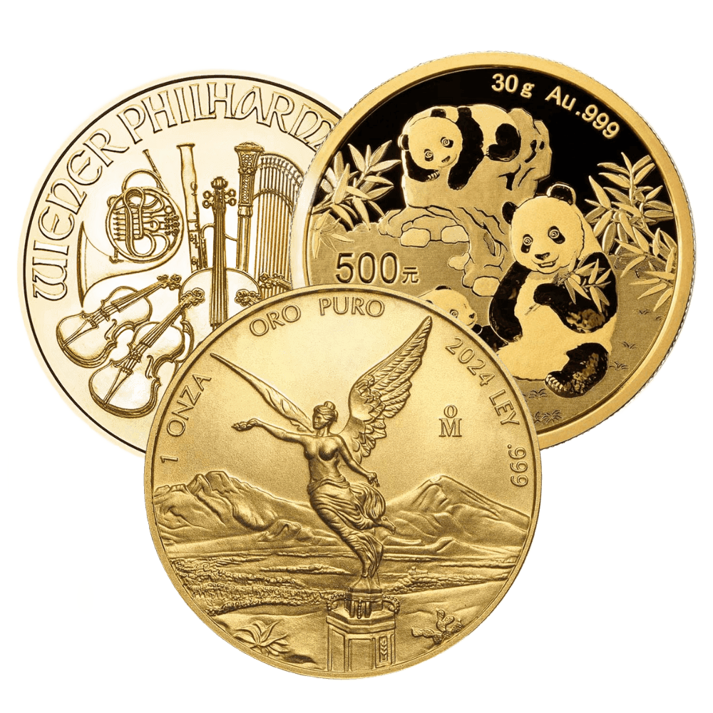 Gold Britannia and King Charles III gold coins representing world sovereign bullion.