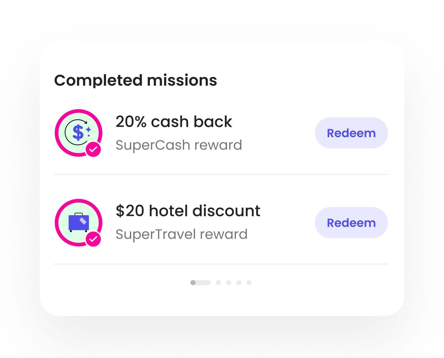 SuperCash app screen displaying the Completed Missions section. Two missions are shown: ‘20% cash back’ and ‘$20 hotel discount,’ each with a pink checkmark icon and a purple ‘Redeem’ button on a light pink background.