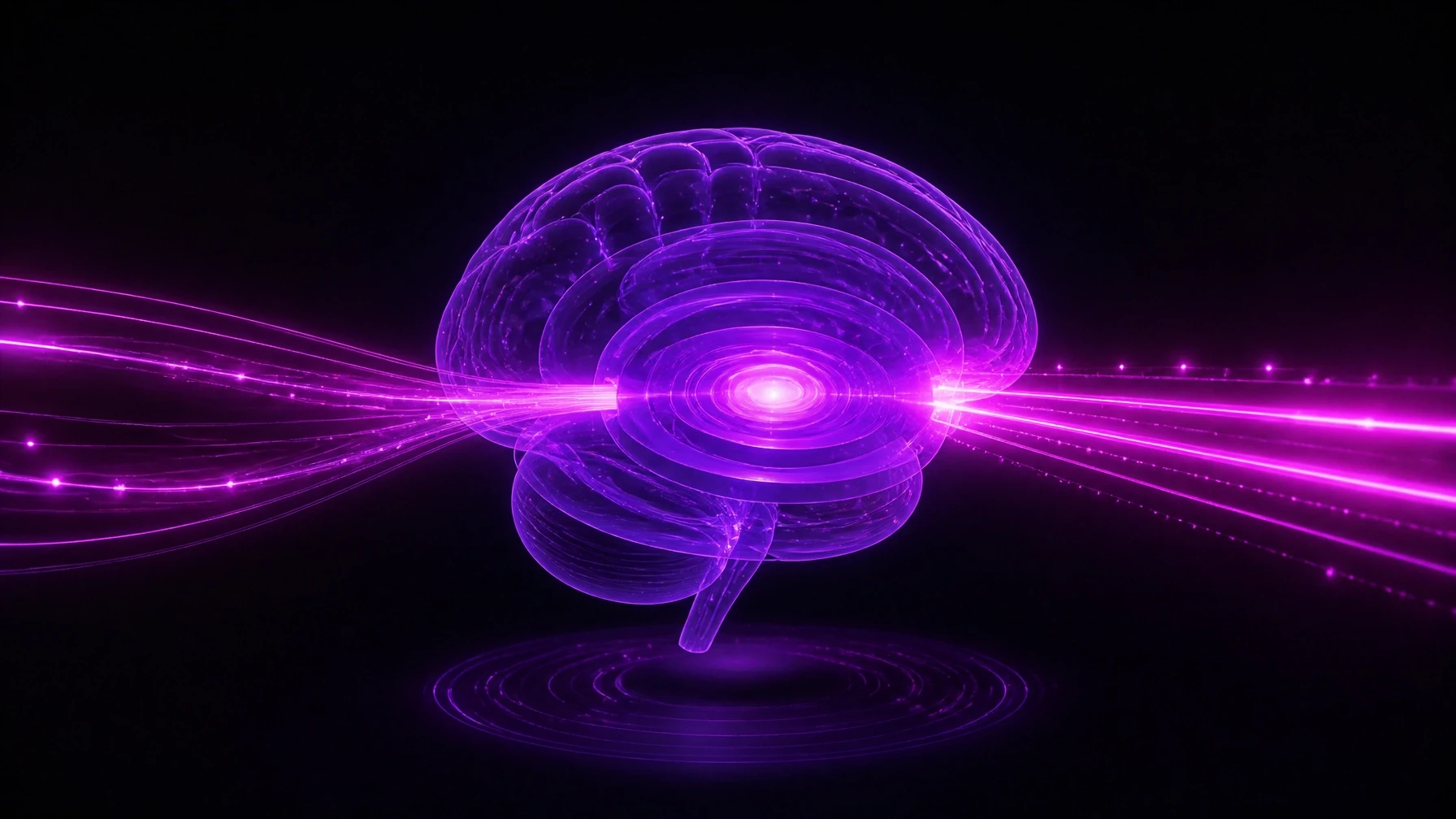 A cinematic, high-end agency style with deep blacks and electric violet/magenta accents, featuring a conceptual visualization of Answer Engine Optimization (AEO) with a minimalist 3D brain structure made of translucent violet layers and magenta light beams.