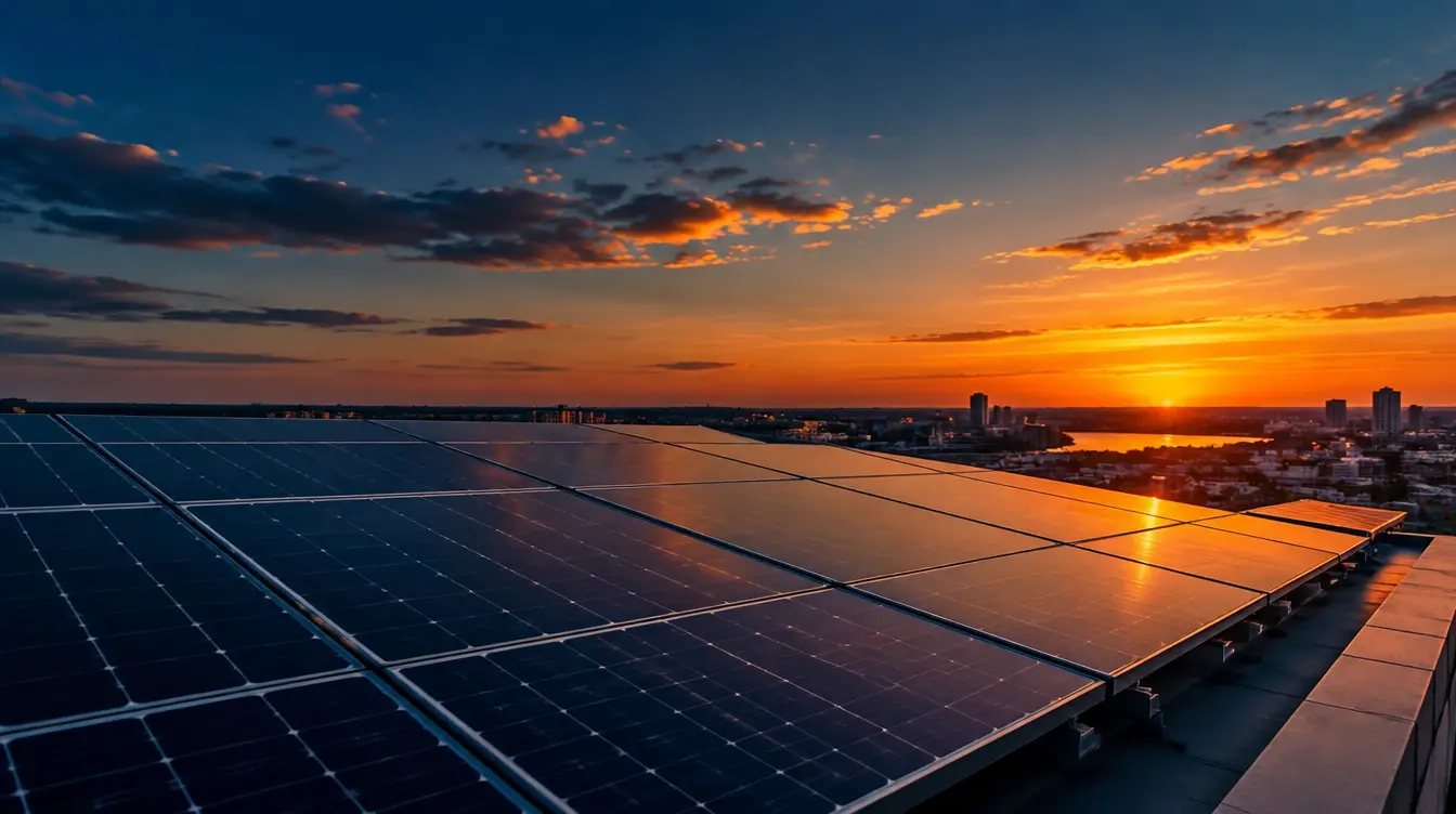 Modern rooftop solar panels at dusk with warm orange sunset light against a deep blue sky