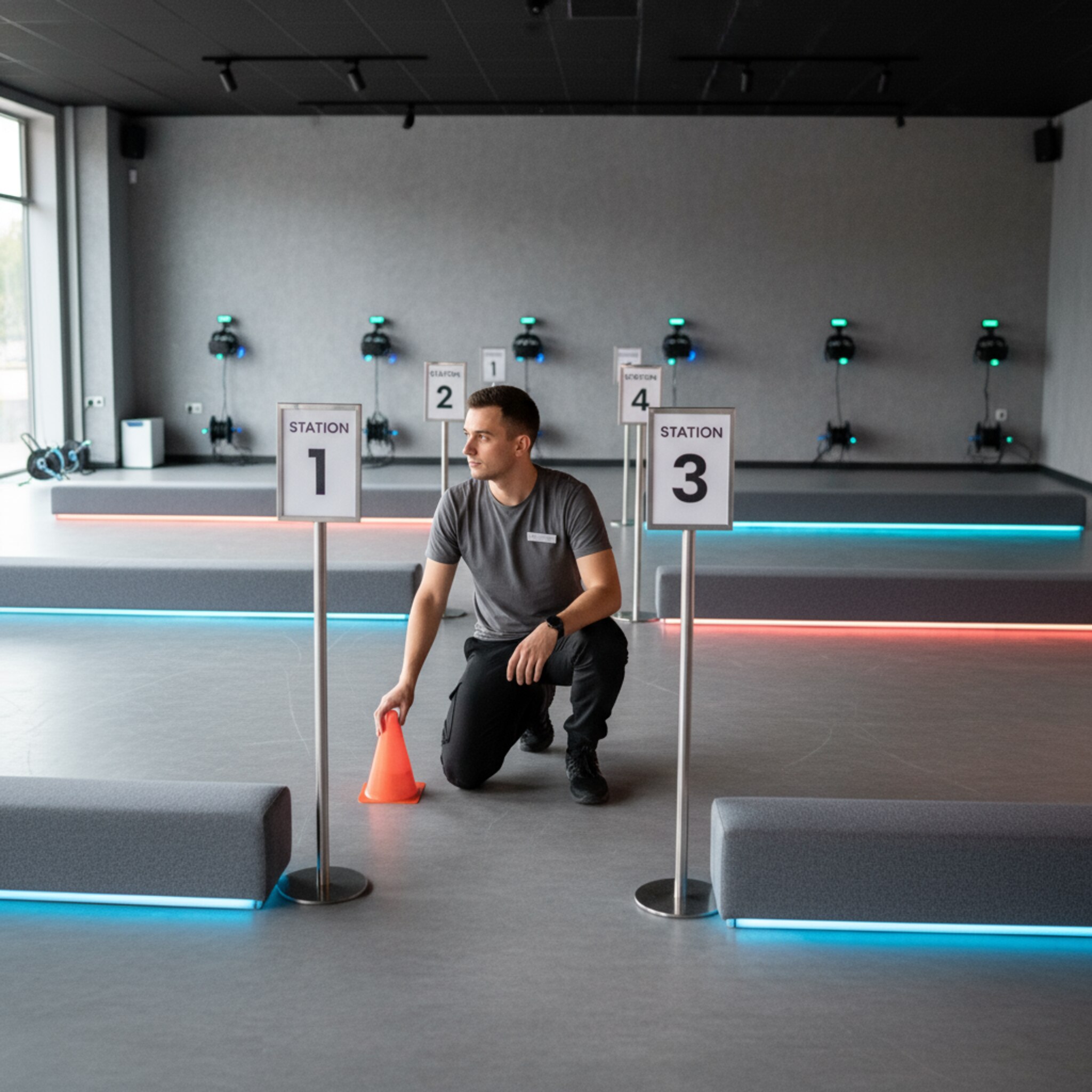 Ein breiter Raum mit klar markierten Spielbereichen, jeder durch leuchtende Linien und dezente Polsterungen voneinander getrennt. Ein Teammitglied positioniert nummerierte Stationschilder und richtet Hütchen für Sicherheitsabstände aus. Weiches, farbiges Licht teilt die Zonen. Alles wirkt übersichtlich, bereit für den nächsten Durchlauf.