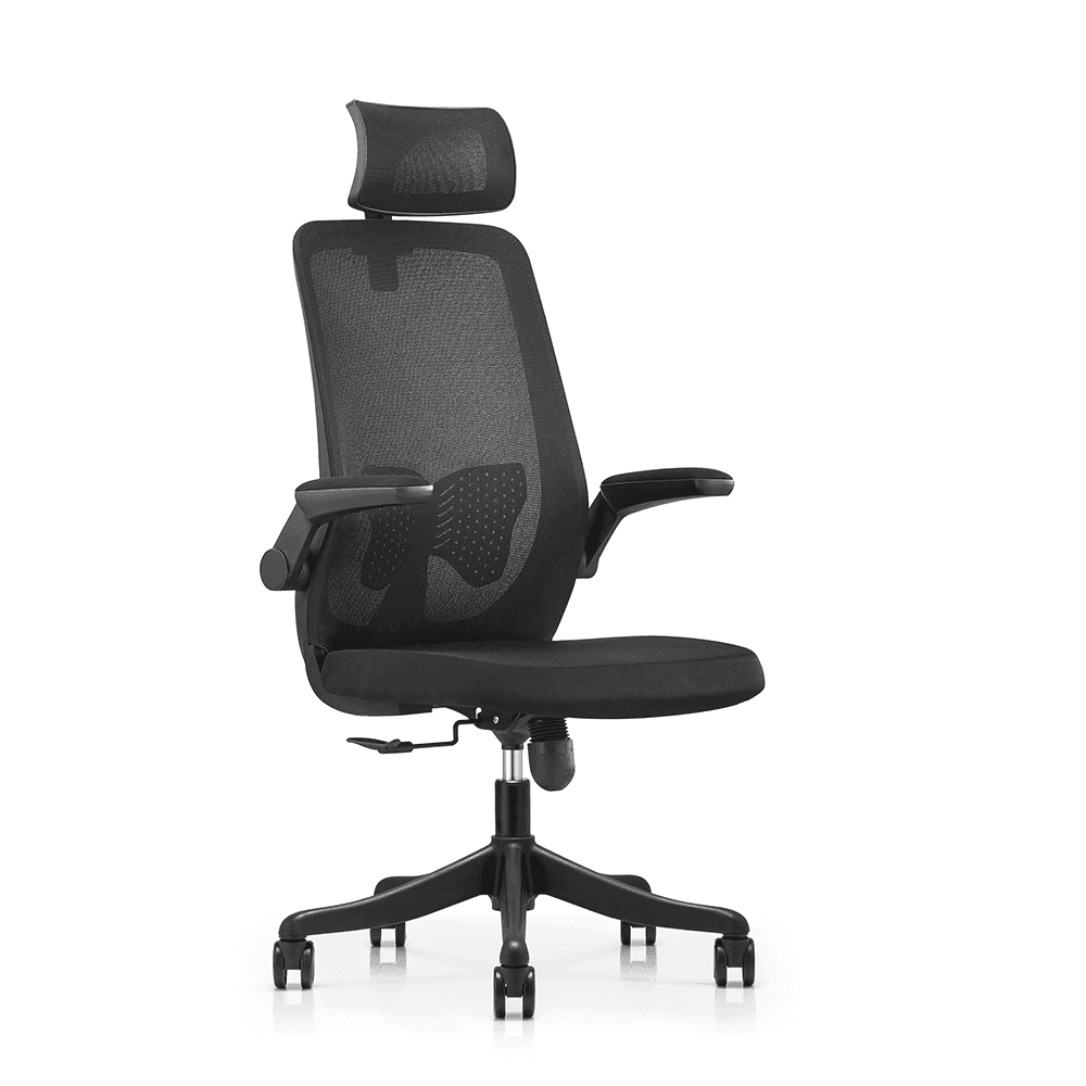 Three-quarter rear view of a black ergonomic chair showing the integrated headrest attachment and the five-star swivel base with casters.