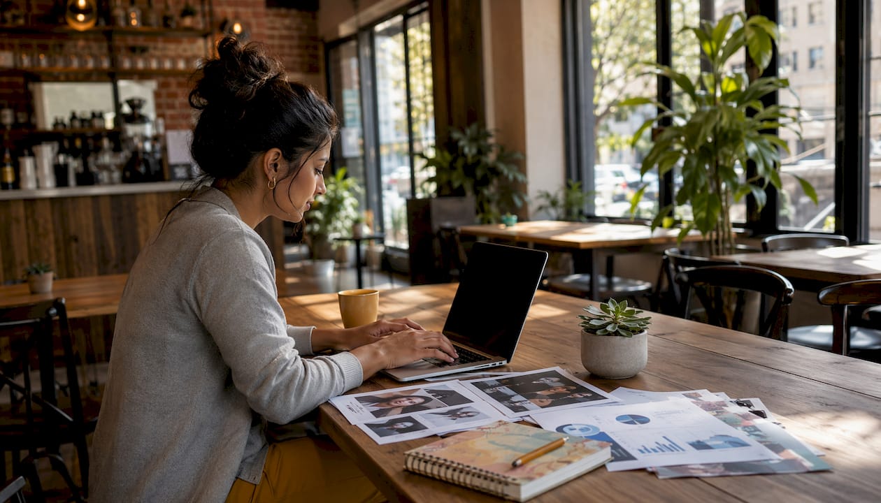 Photographer researching niche market in office
