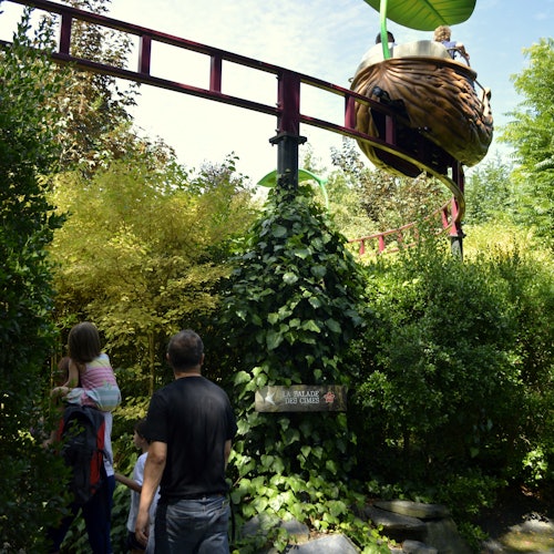 一家人走在红色过山车轨道下,周围是茂密的绿树和植被,上方有一个鸟巢主题的游乐车。