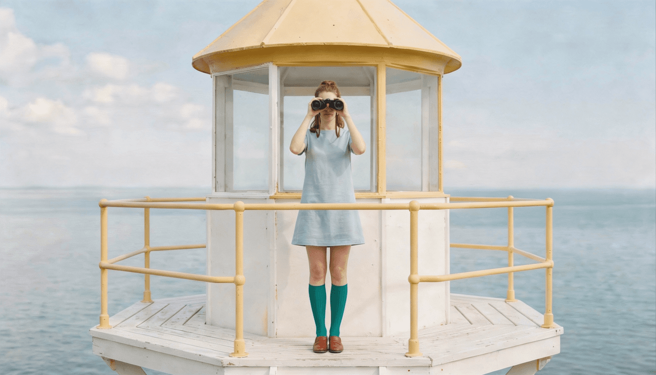Girl standing on lighthouse with binoculars