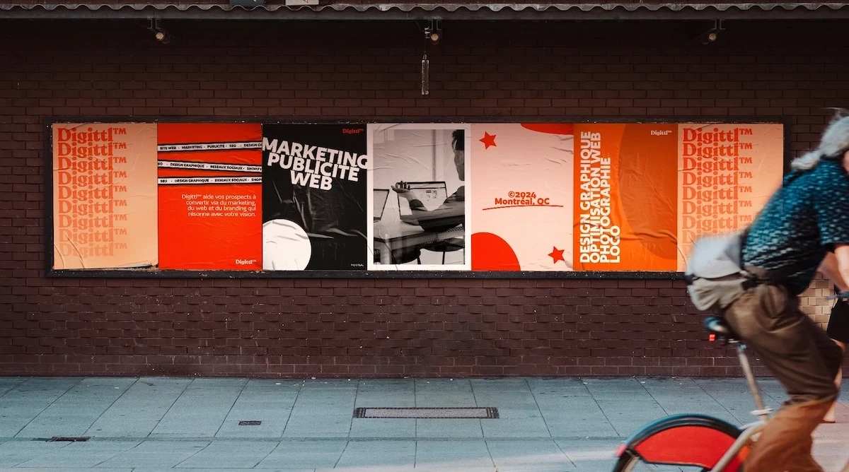 Publicité Digittl™ en posters appliquées sur un mur de briques rouges