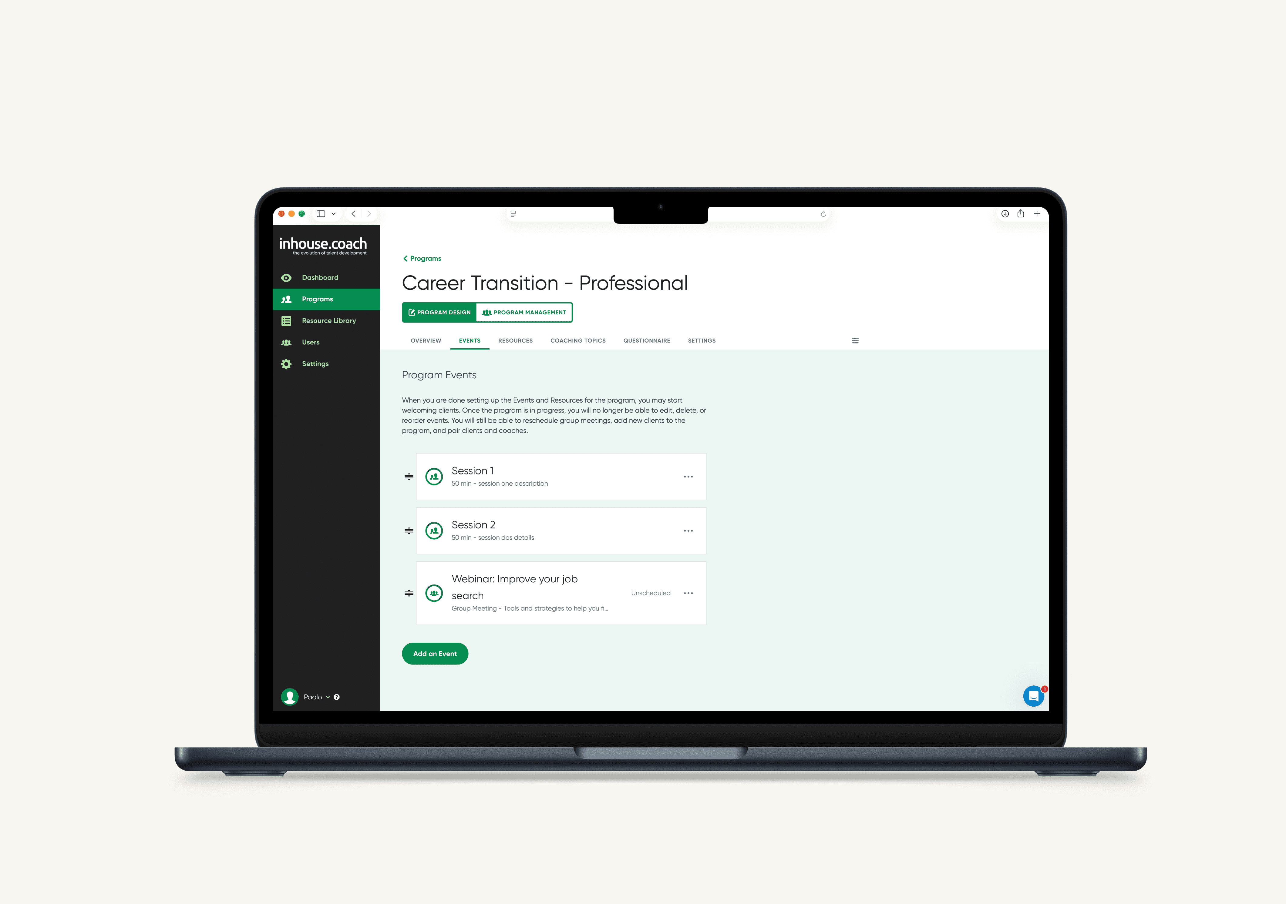The inhouse.coach platform displaying a Career Transition program with coaching sessions and webinars for a program participant.