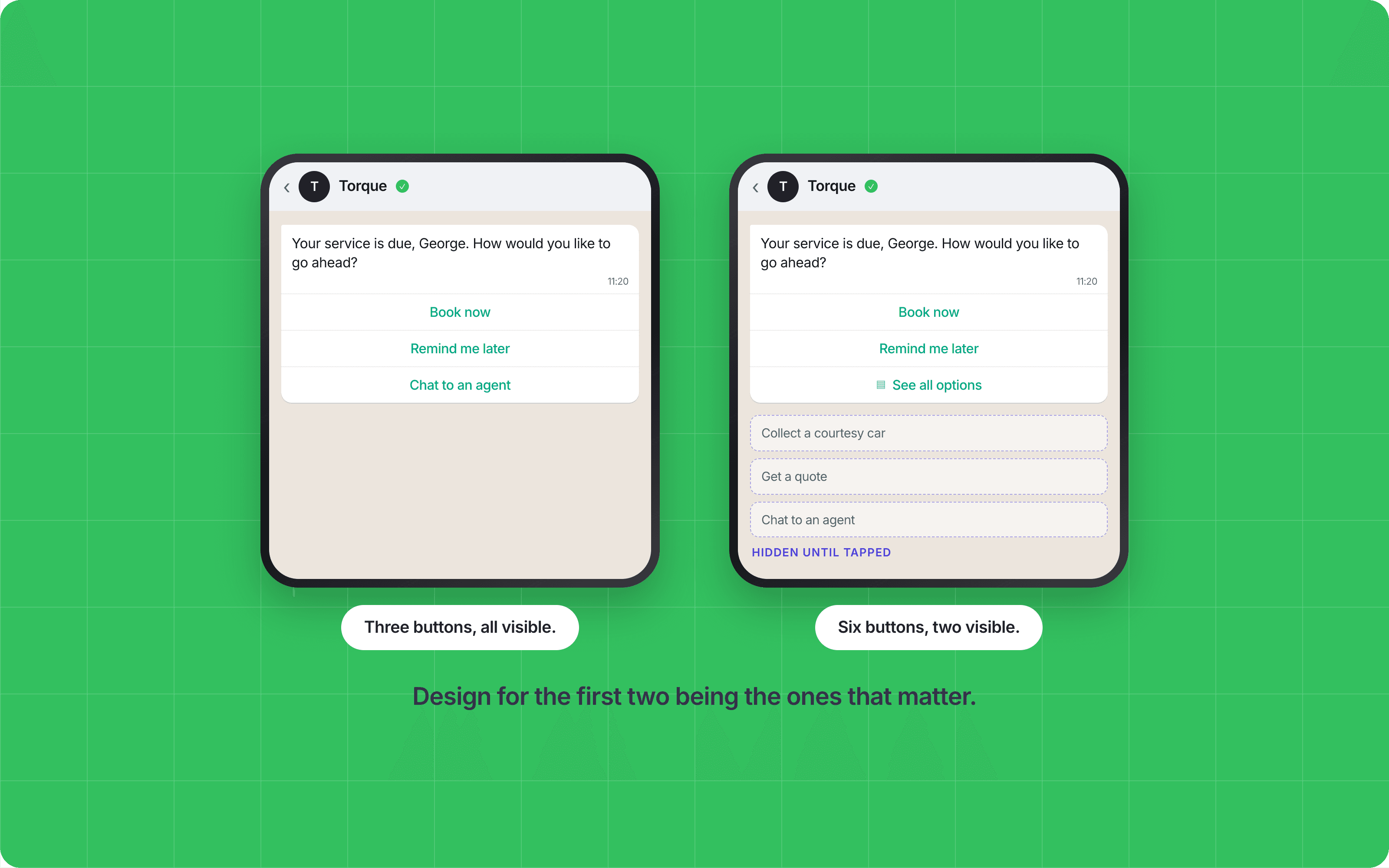 Two WhatsApp template messages compared, one with three visible buttons and one with six where only two show plus a See all options control.
