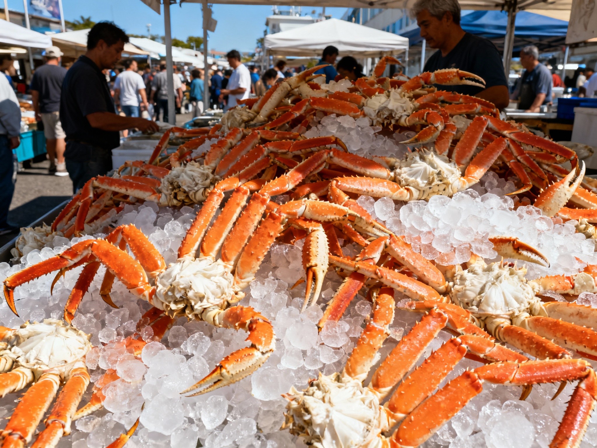 A vibrant photograph of a bustling outdoor seafood market at midday under bright sunlight, focusing