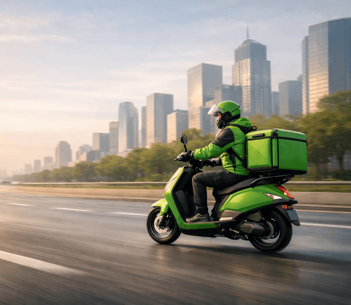 Yuvwaa Green electric delivery scooter on city road for sustainable last-mile delivery.