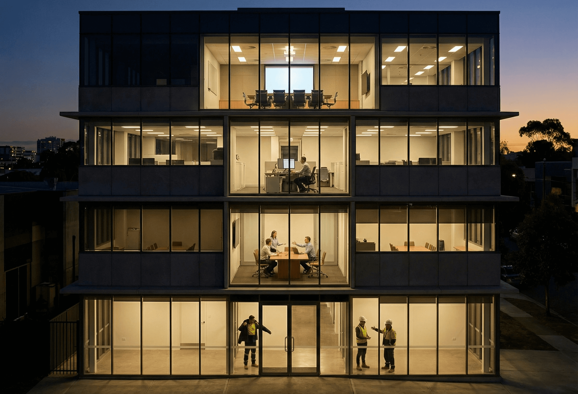 A wide, layered shot of a four-storey Australian office building photographed from outside at dusk, looking in through the illuminated windows. Each floor is visible as a distinct horizontal band of warm interior light against the darkening sky. On the ground floor, through large windows, workers in operational clothing are visible at the end of their shift — one putting on a jacket, another talking to a colleague. On the second floor, a small meeting is visible through glass — three people at a table with a laptop. On the third floor, a single person is at a desk reviewing a monitor. On the top floor, a boardroom is lit with a screen glowing at the far wall — empty, prepared, waiting. The building reads as a single organism: activity at the base, coordination in the middle, evidence at the top, governance at the summit. The scene captures end-to-end traceability as a physical, architectural metaphor — a hazard identified on the ground floor by a worker flows upward through the building: recorded on the second floor in a consultation, analysed on the third floor by a coordinator, and visible on the top floor in the boardroom where governance happens. The four floors are the four stages: identification, response, evidence, governance.