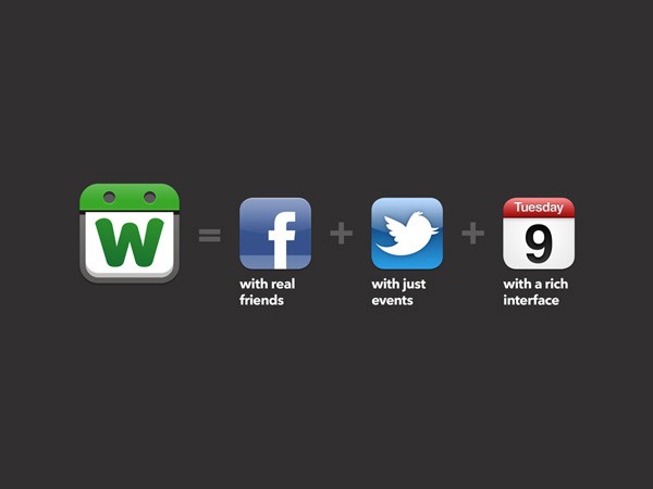 The image shows a visual equation: a green and white "W" icon (likely representing Microsoft Word) on the left equals a Facebook icon (blue and white) plus a Twitter icon (blue and white) on a dark gray background. The Facebook icon is labeled "with real friends," the Twitter icon is labeled "with just events," and the Tuesday 9 icon is labeled "with a rich interface."