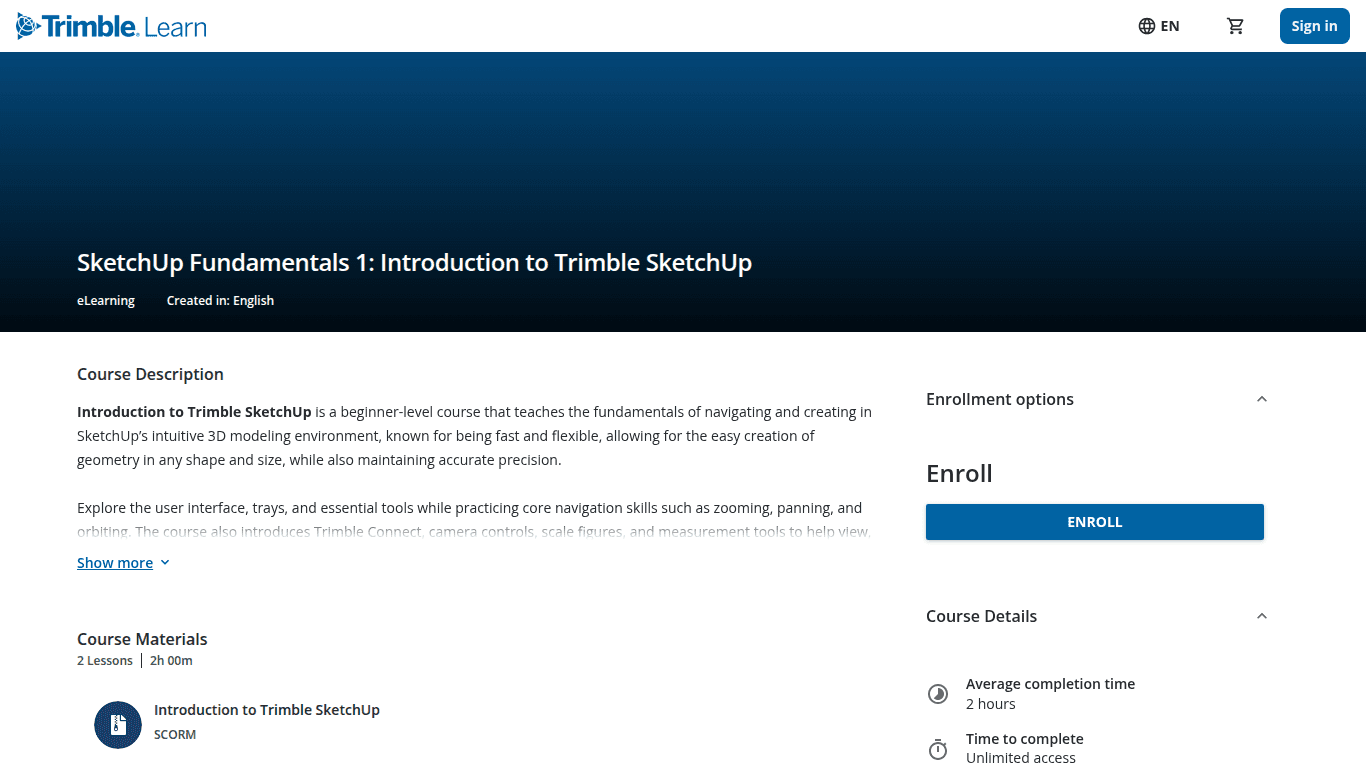 Trimble Learn page for the free SketchUp Fundamentals 1 introductory course.