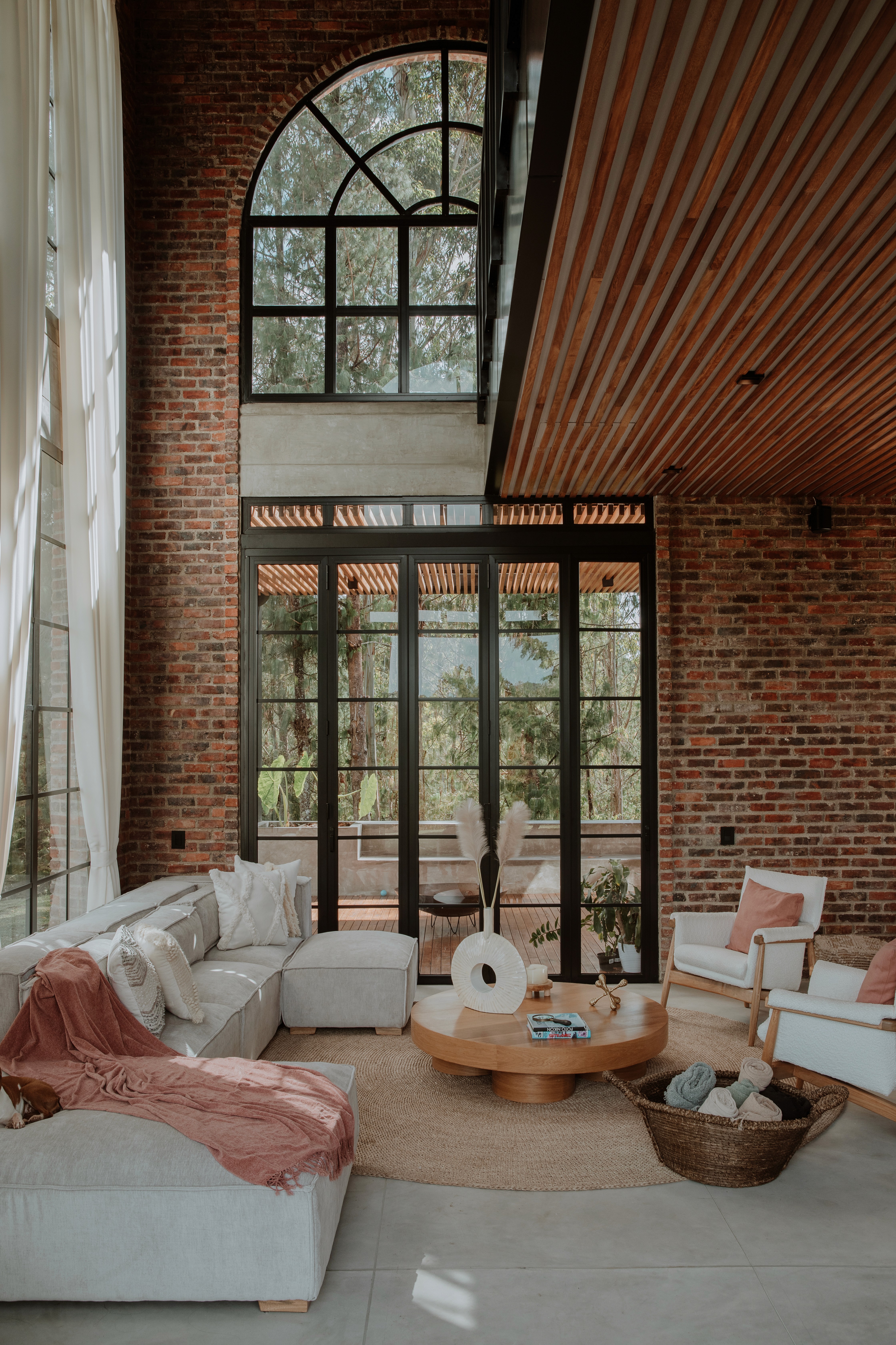Double-height interior with flowing sculptural forms and warm raking light