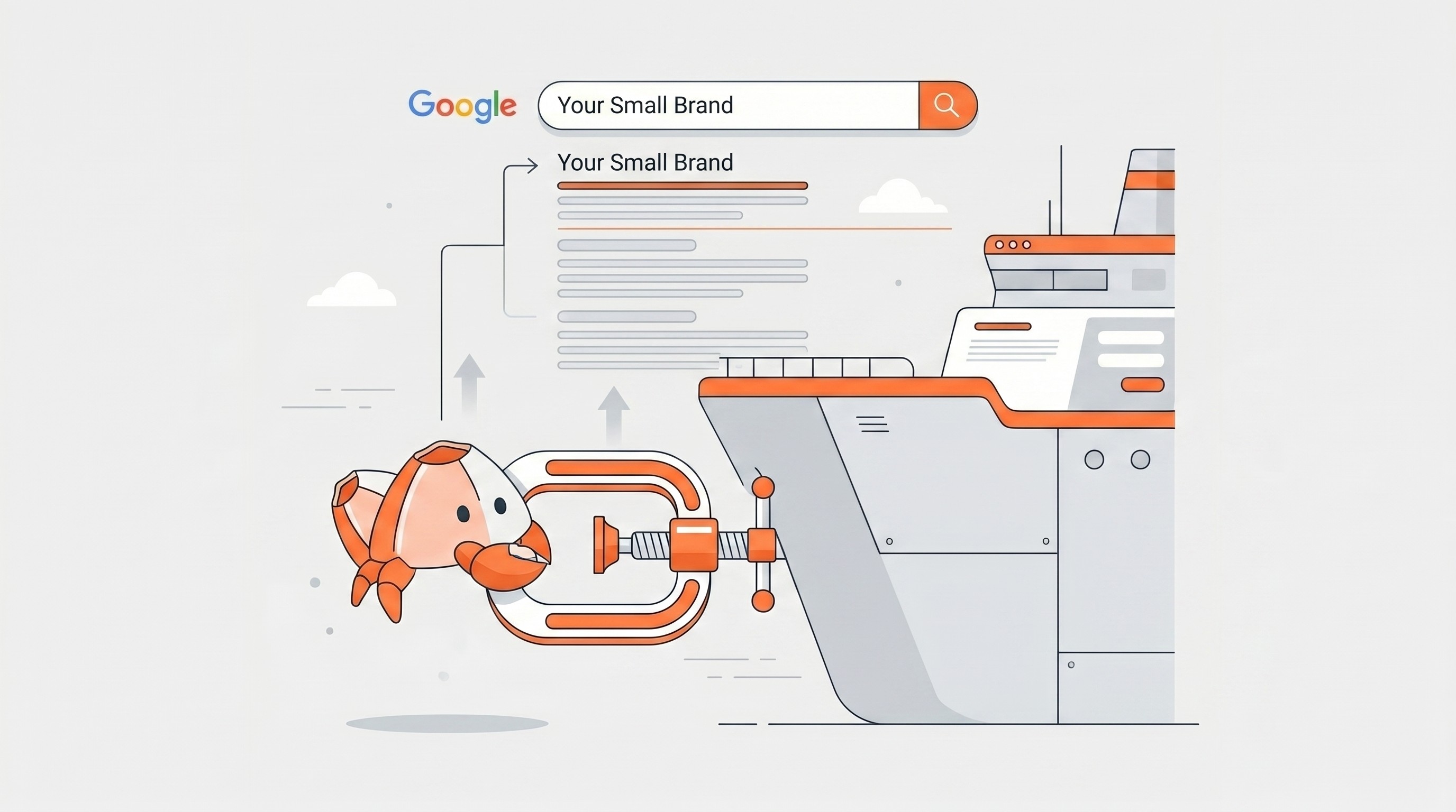 Small business icon latching onto large authority website tower illustrating what is barnacle SEO concept