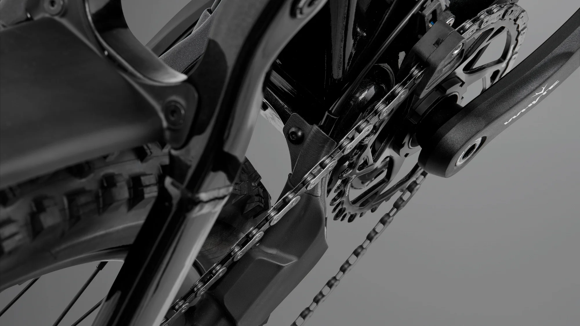 Close-up of Whyte Karve EVO chain stay protection and tyre clearance