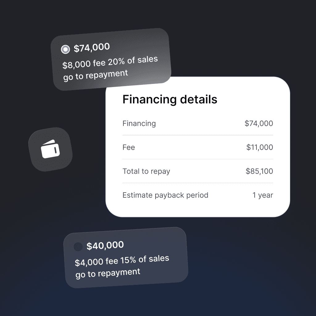 Financing details showing a loan of $74,000 with an $11,000 fee and a total repayment of $85,100 over an estimated one-year period, alongside other financing options.