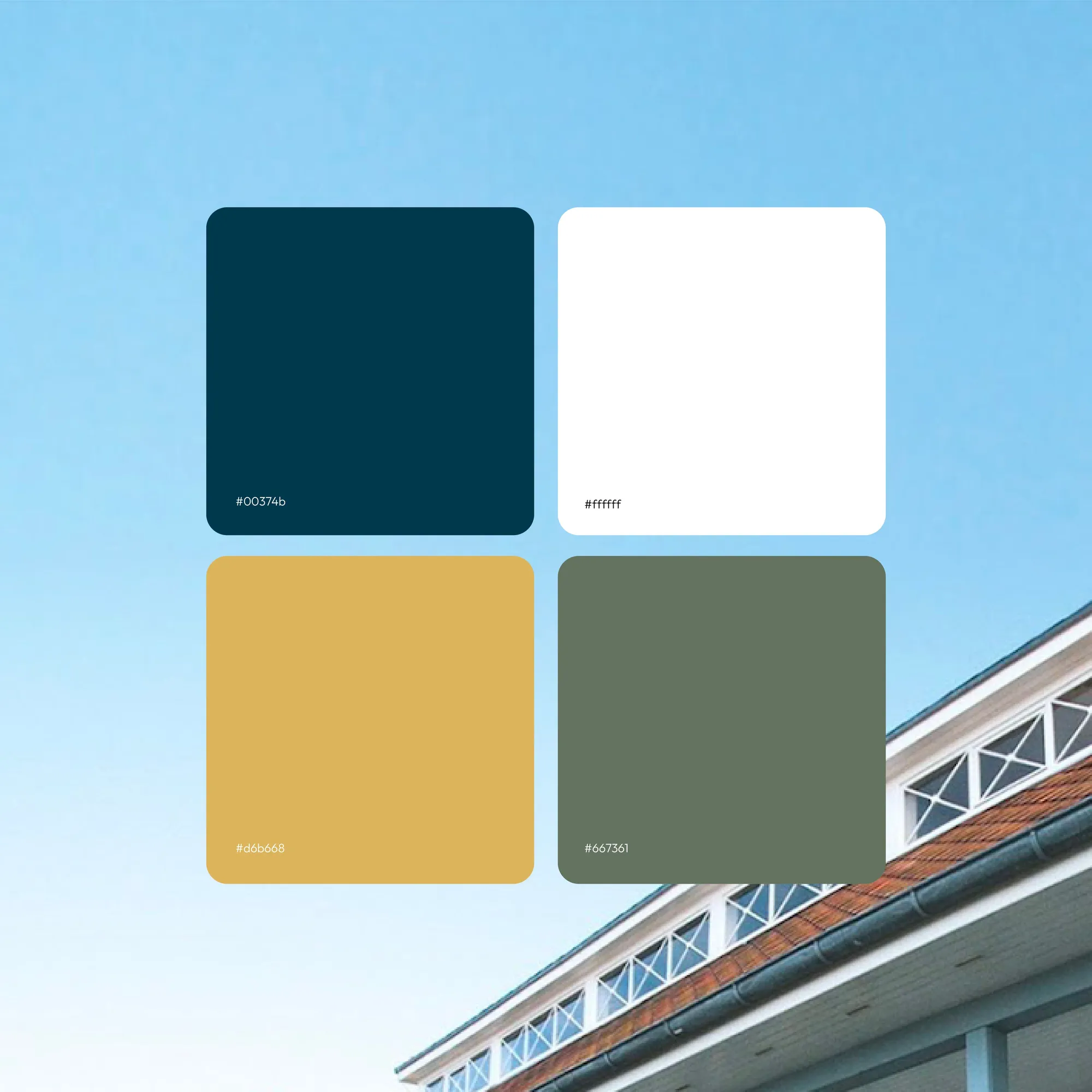 Farbpalette der Kunsthalle Ostseebad Kühlungsborn mit vier Farbfeldern vor einem Gebäudedetail.