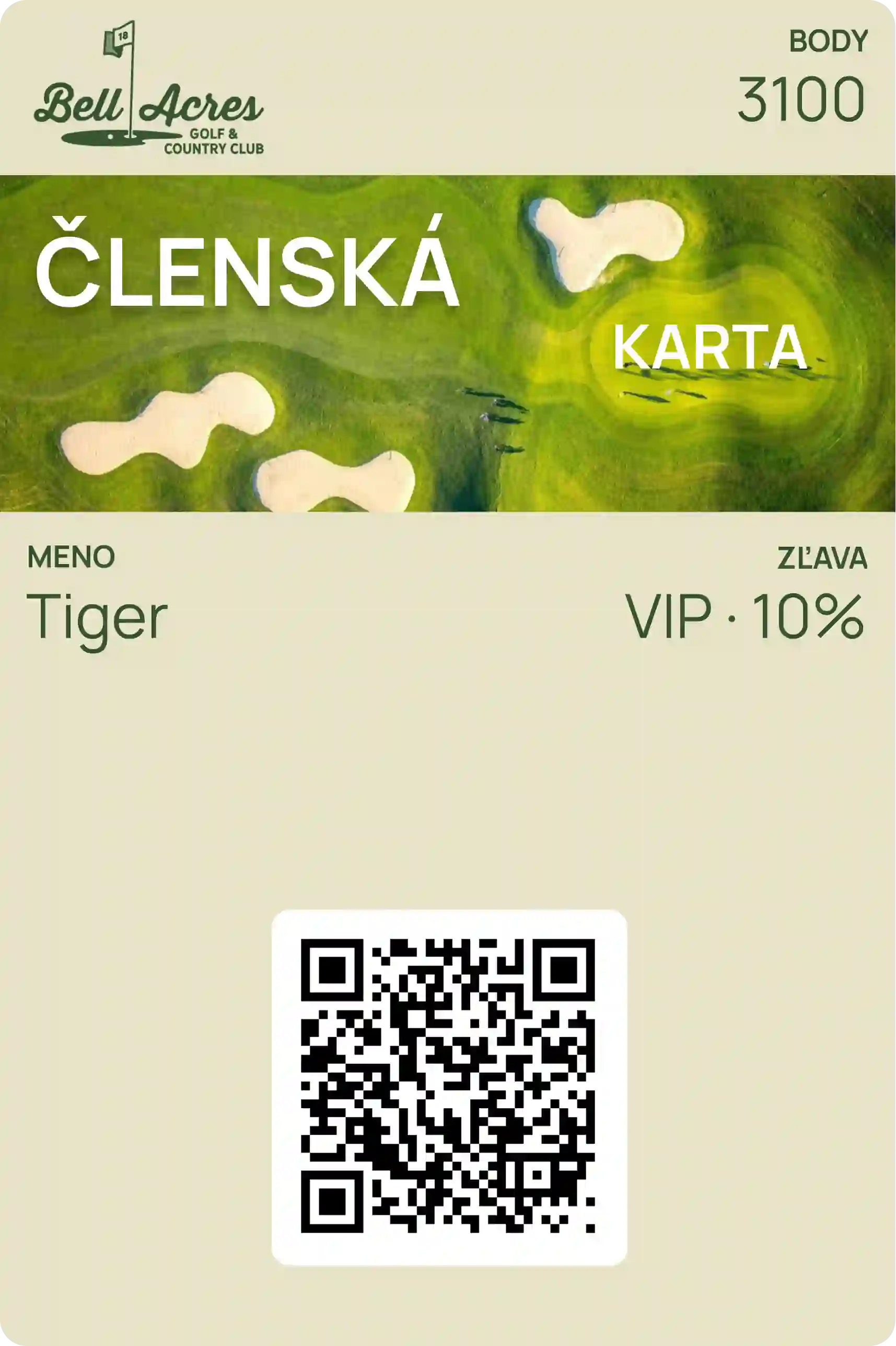 Členská karta golfového klubu Bell Acres Golf & Country Club. Elegantný zelený dizajn s leteckým pohľadom na golfové ihrisko s pieskovými bunkermi. Meno Tiger, 3100 bodov, VIP úroveň s 10% zľavou.