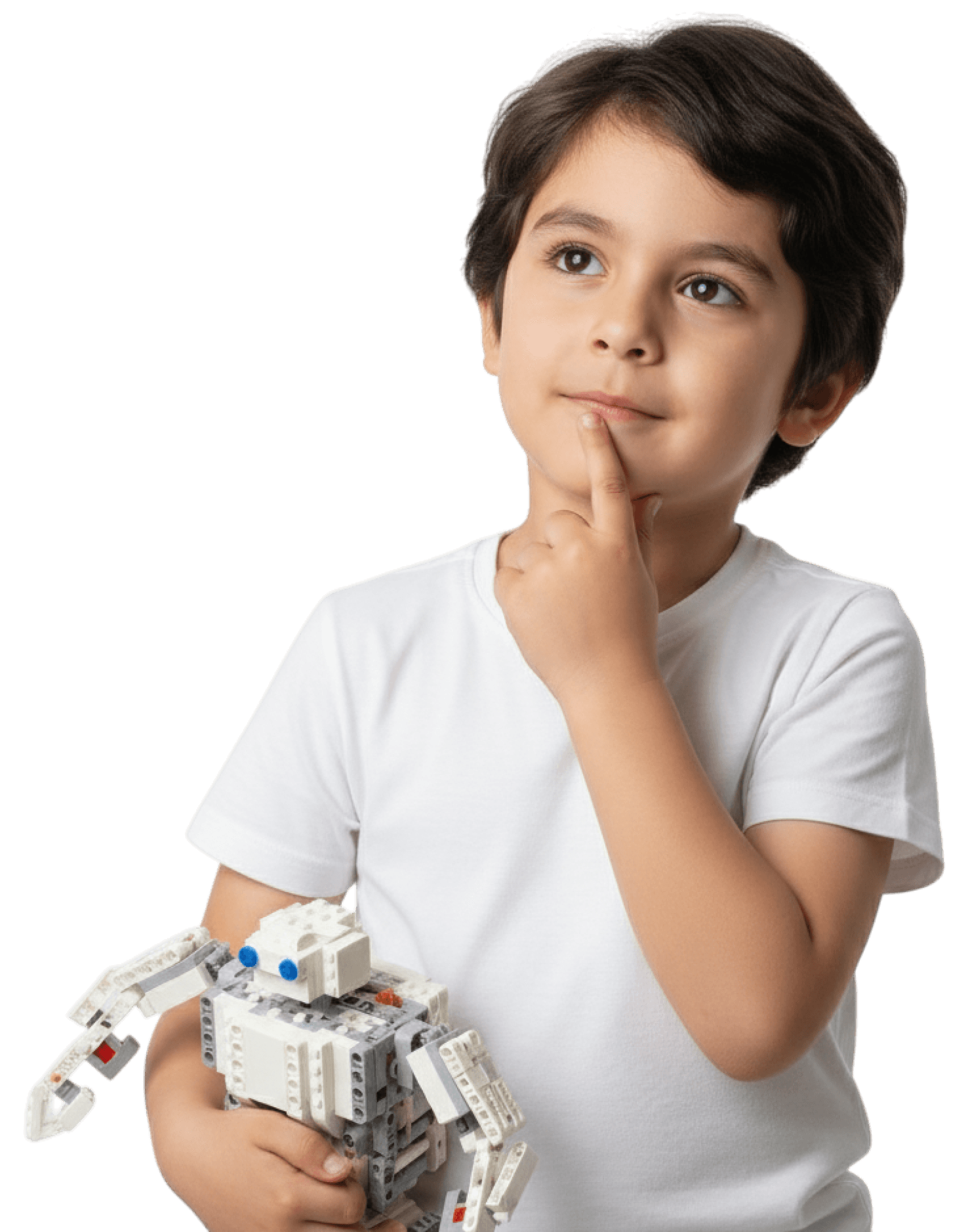 Мальчик думает и держит в руках робота