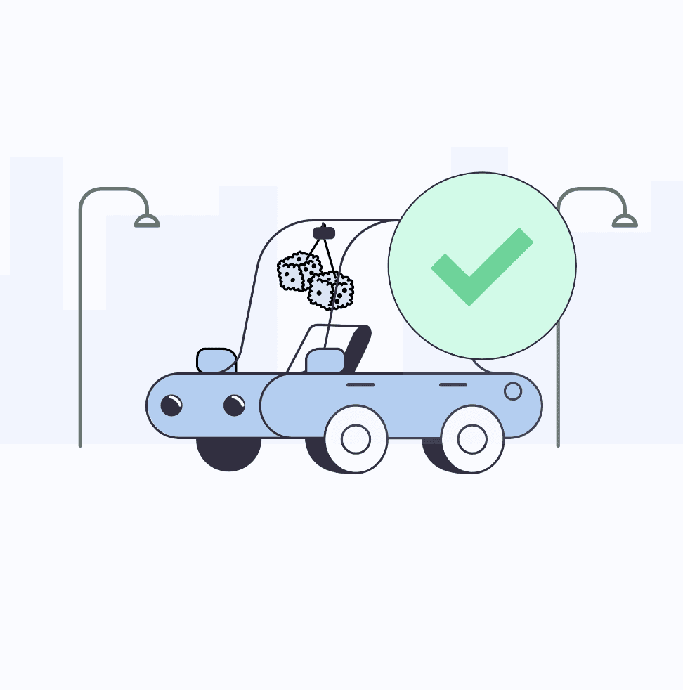 Cartoon of blue car with street lights behind and a green tick above.